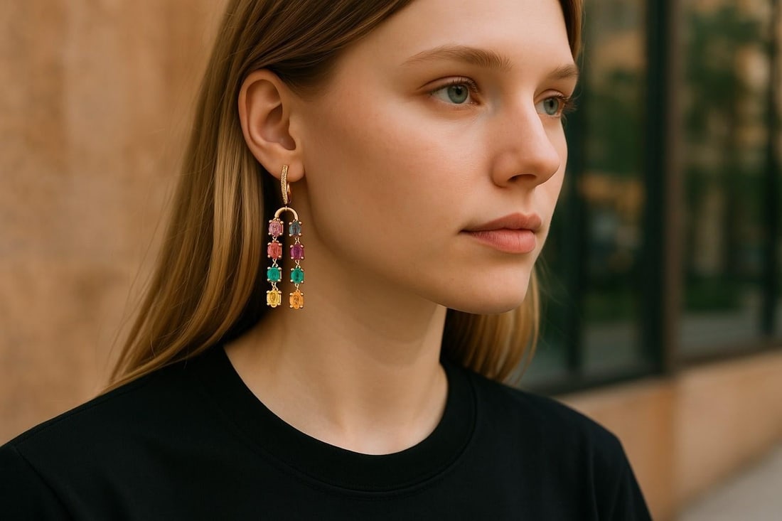 Double Lined Multi-Colorful Precious Stones 11.35 Carat 2 Inch Long 14 Karat Yellow Gold Hoop Earrin - 8