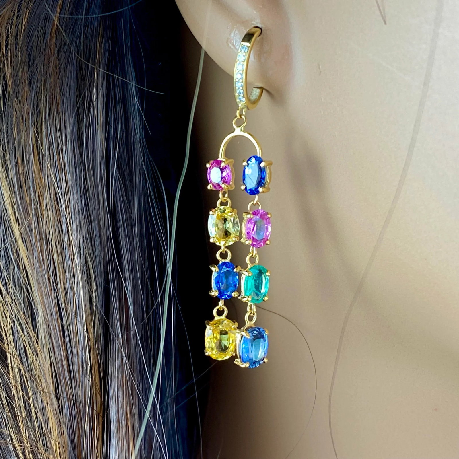Double Lined Multi-Colorful Precious Stones 11.35 Carat 2 Inch Long 14 Karat Yellow Gold Hoop Earrin - 9