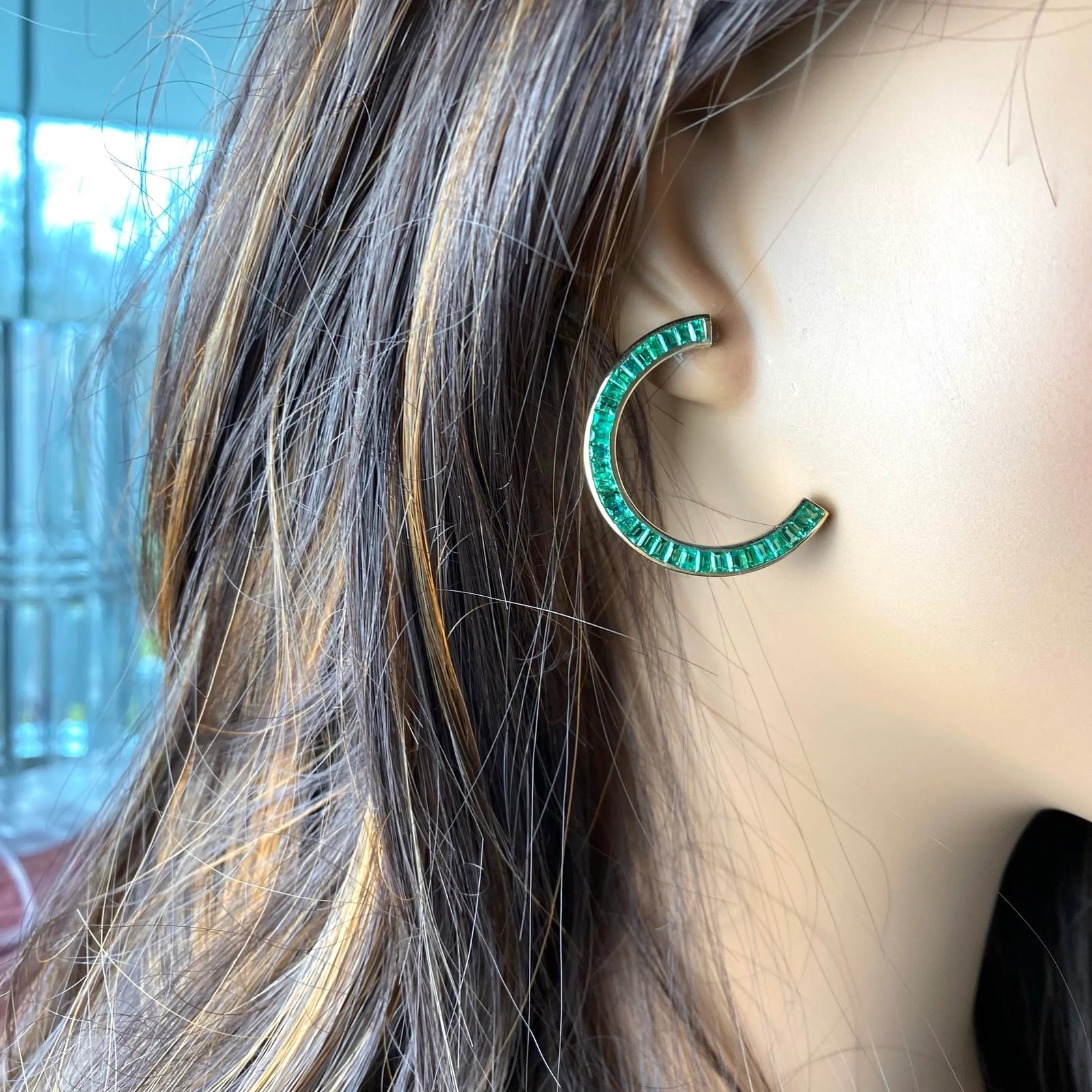14 Karat Yellow Gold Front Facing Half Moon Baguette Emerald 7.20 Carat Earrings - 2 Pieces - 10