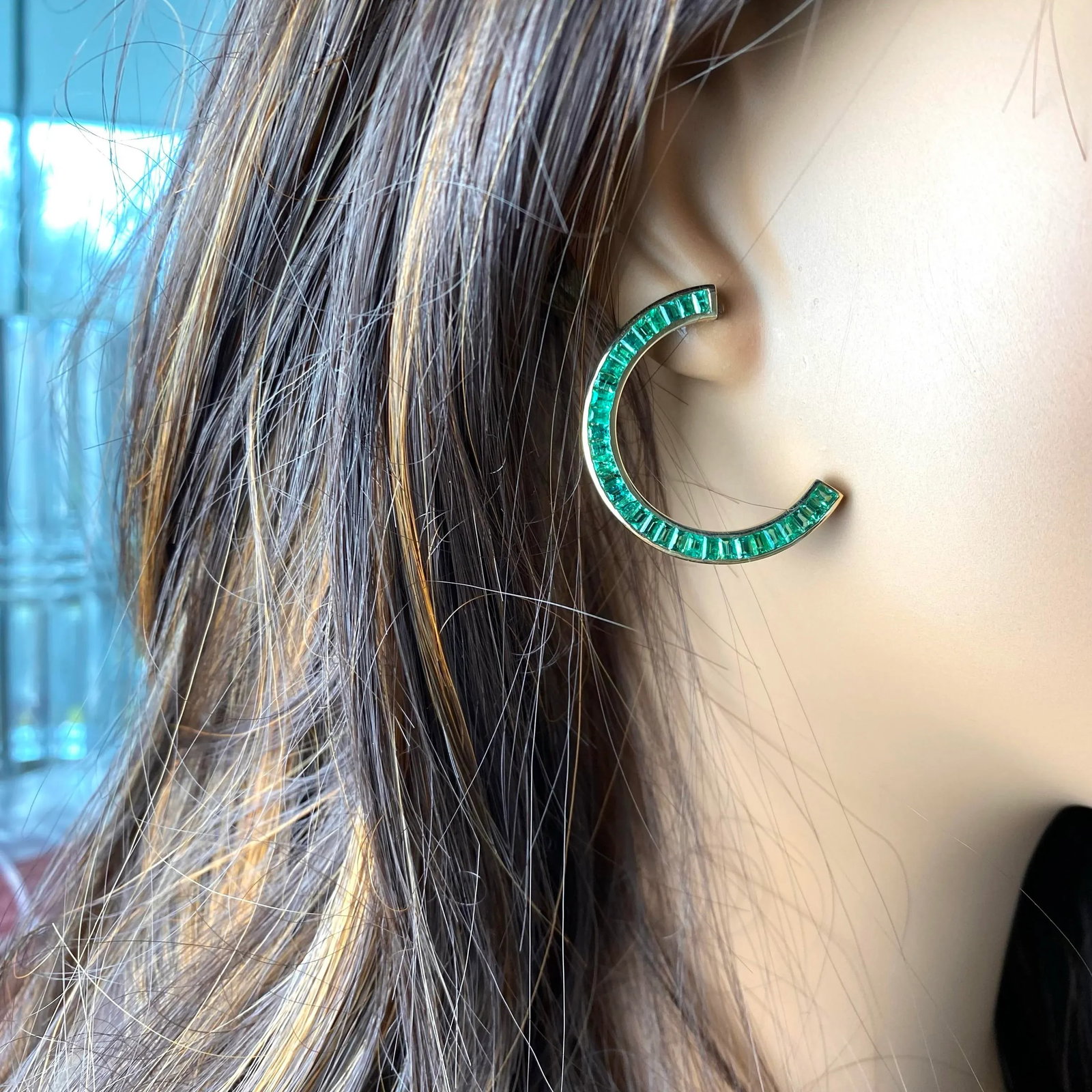 14 Karat Yellow Gold Front Facing Half Moon Baguette Emerald 7.20 Carat Earrings - 2 Pieces - 11
