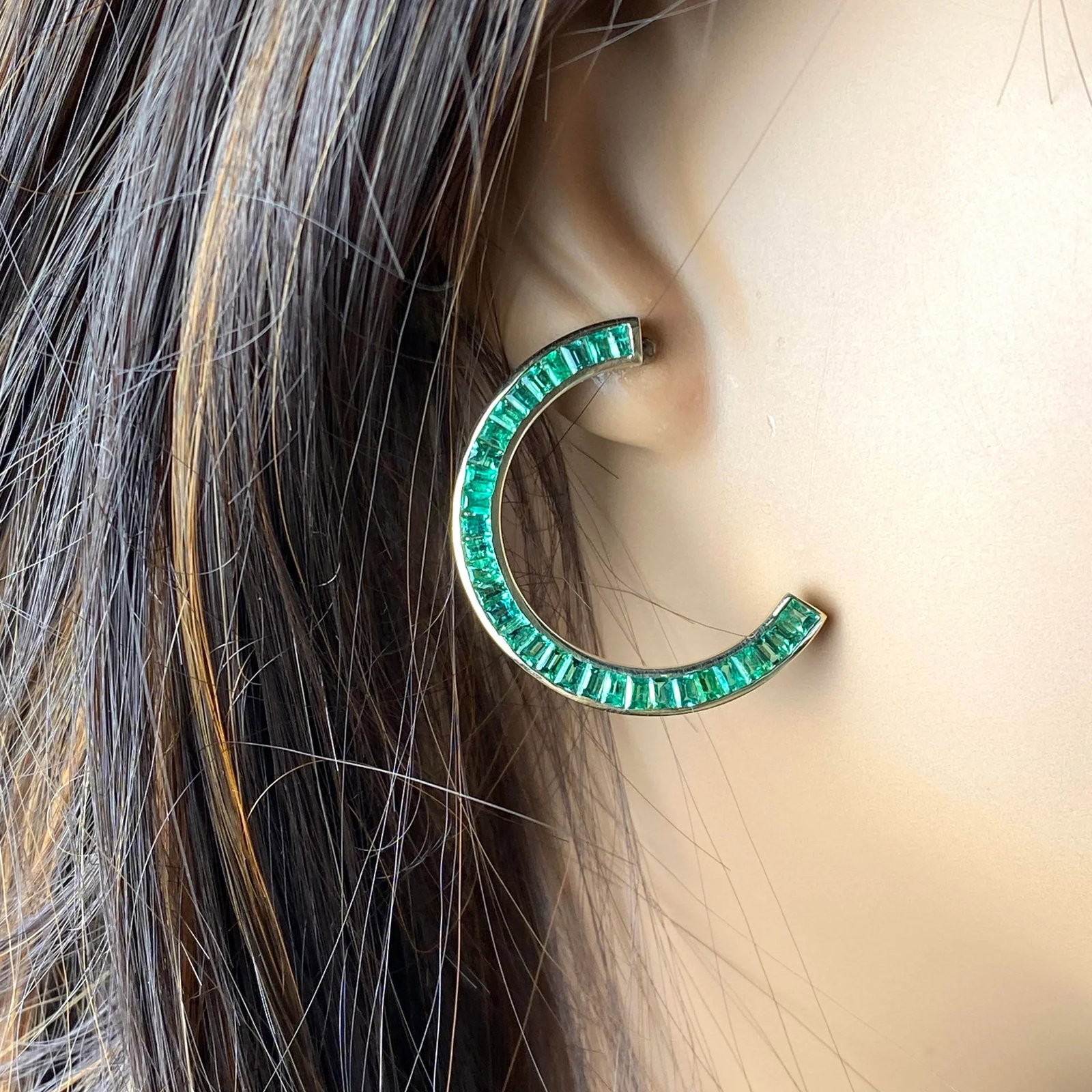 14 Karat Yellow Gold Front Facing Half Moon Baguette Emerald 7.20 Carat Earrings - 2 Pieces - 2