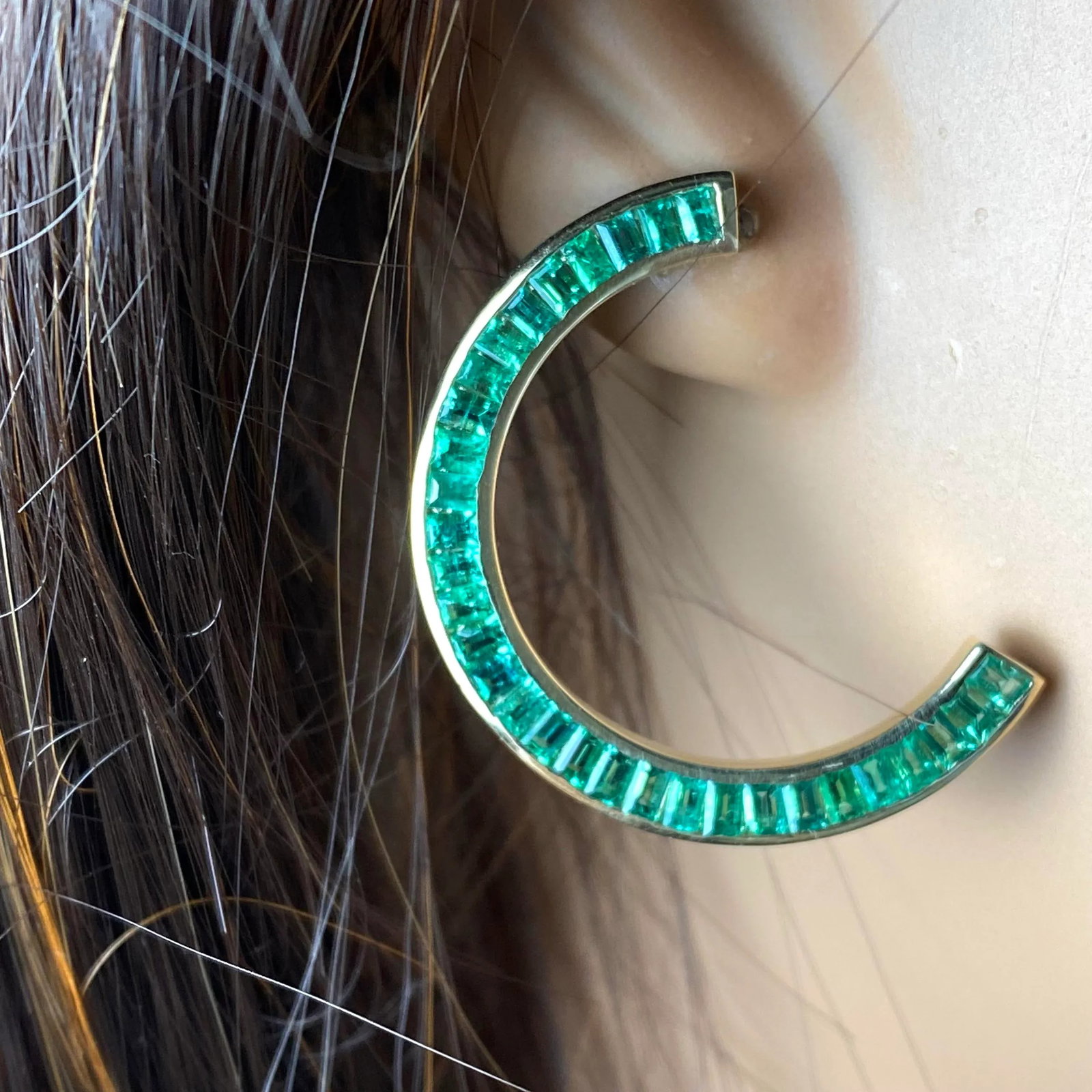 14 Karat Yellow Gold Front Facing Half Moon Baguette Emerald 7.20 Carat Earrings - 2 Pieces - 4