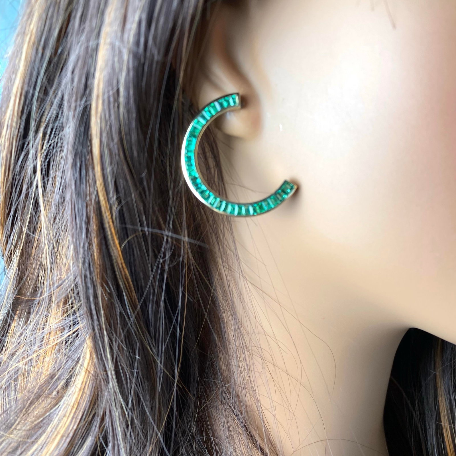 14 Karat Yellow Gold Front Facing Half Moon Baguette Emerald 7.20 Carat Earrings - 2 Pieces - 6