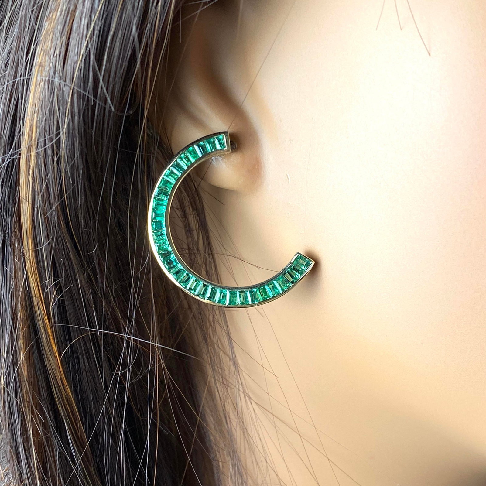 14 Karat Yellow Gold Front Facing Half Moon Baguette Emerald 7.20 Carat Earrings - 2 Pieces - 7