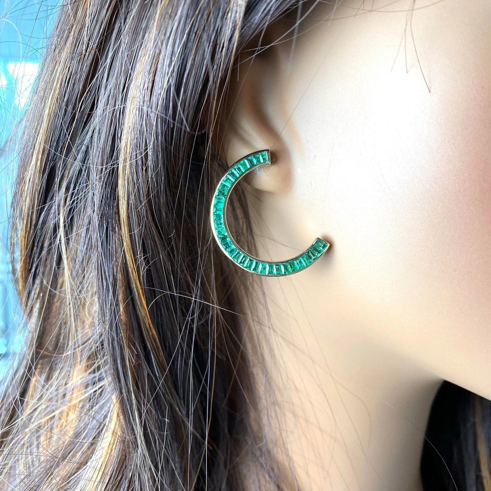 14 Karat Yellow Gold Front Facing Half Moon Baguette Emerald 7.20 Carat Earrings - 2 Pieces - 8