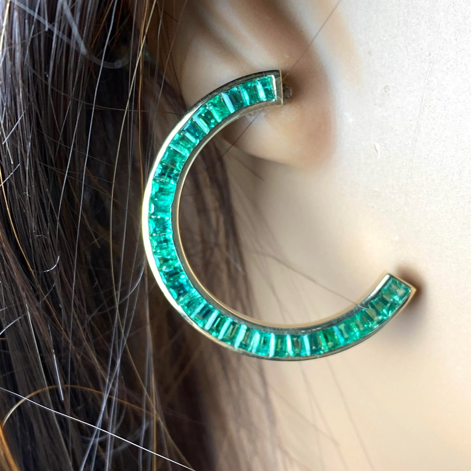 14 Karat Yellow Gold Front Facing Half Moon Baguette Emerald 7.20 Carat Earrings - 2 Pieces - 9