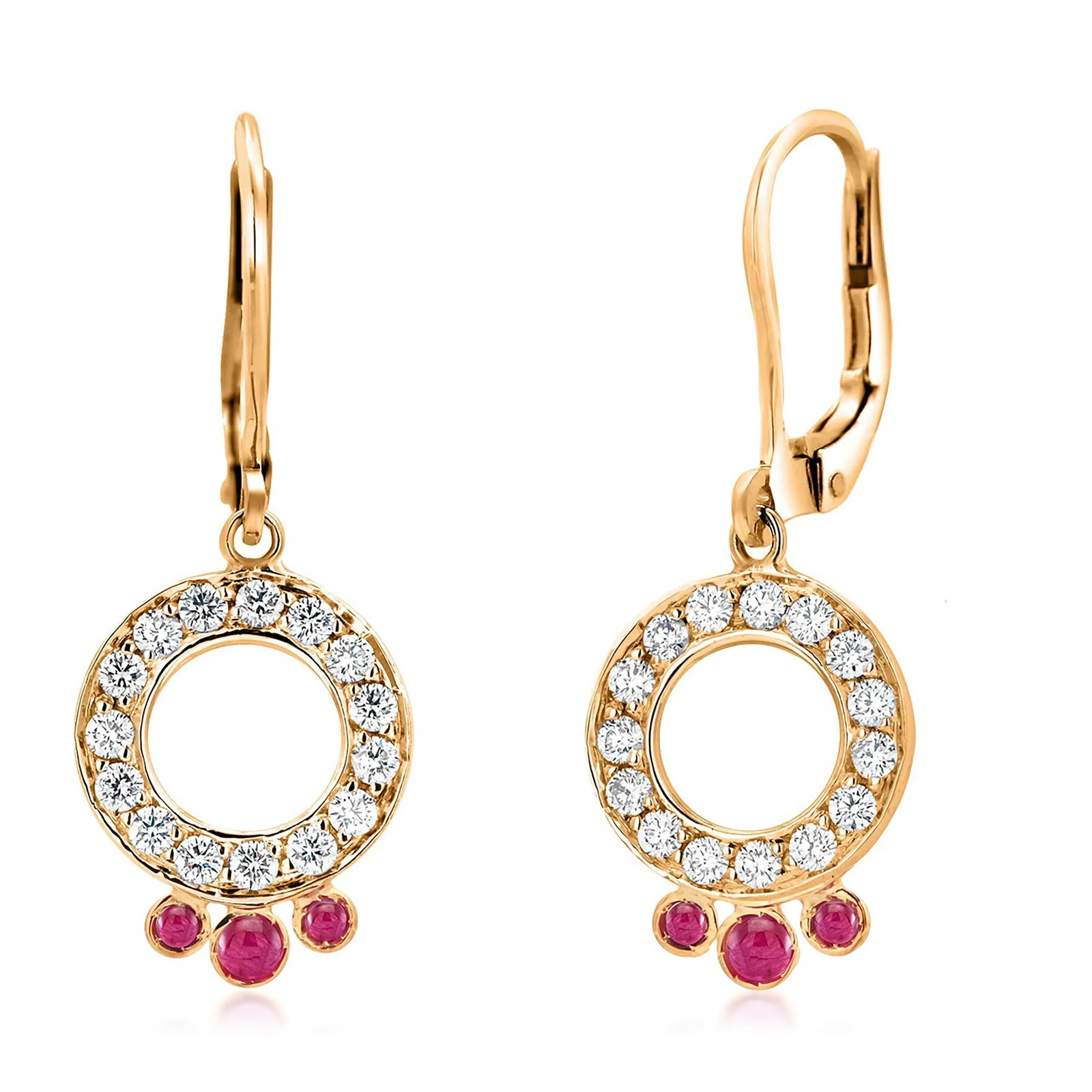 14 Karat Yellow Gold Leverback Hoop Earrings Diamond Ruby Circle 1.40 Carat - 2 Pieces - 4