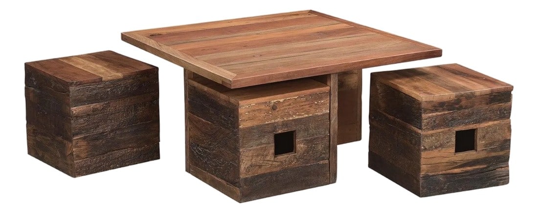 1990s Solid Wood Square Coffee Table With Pull Out Seating Stools: Dimensions: 36"W X 36"D X 18"H The Solid Wood 36" Square Coffee Table with Pull Out Seating Stools is a rustic and versatile furniture piece designed for both style and functionality. Crafted from