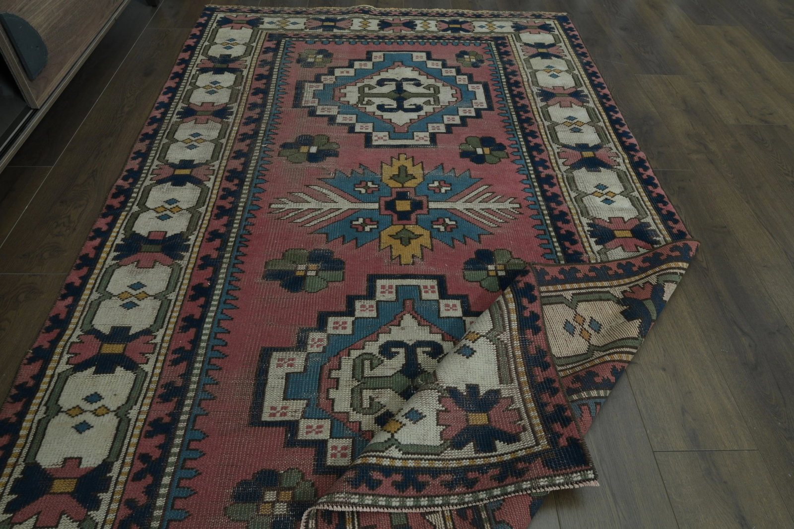 1970s Vintage Turkish Handmade Wool & Cotton Pink Area Rug - 10