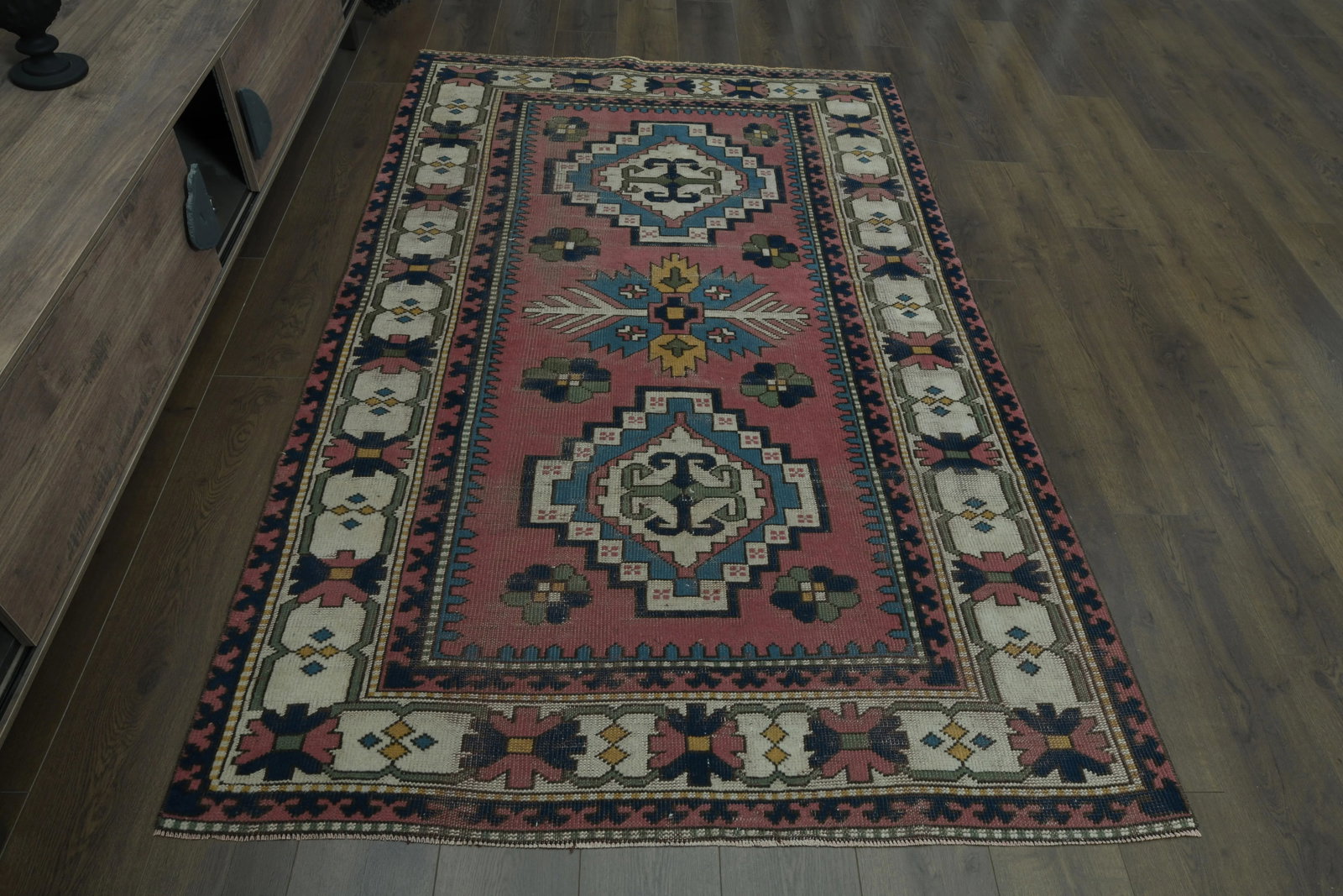 1970s Vintage Turkish Handmade Wool & Cotton Pink Area Rug - 2