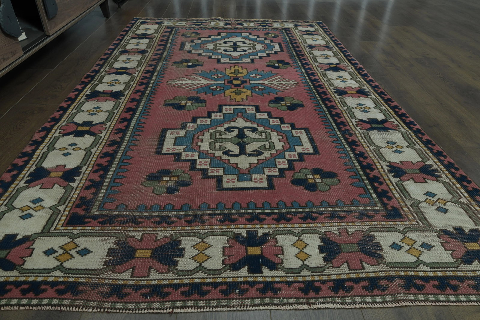 1970s Vintage Turkish Handmade Wool & Cotton Pink Area Rug - 3