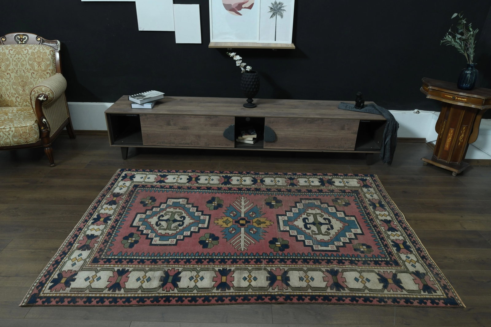 1970s Vintage Turkish Handmade Wool & Cotton Pink Area Rug - 5