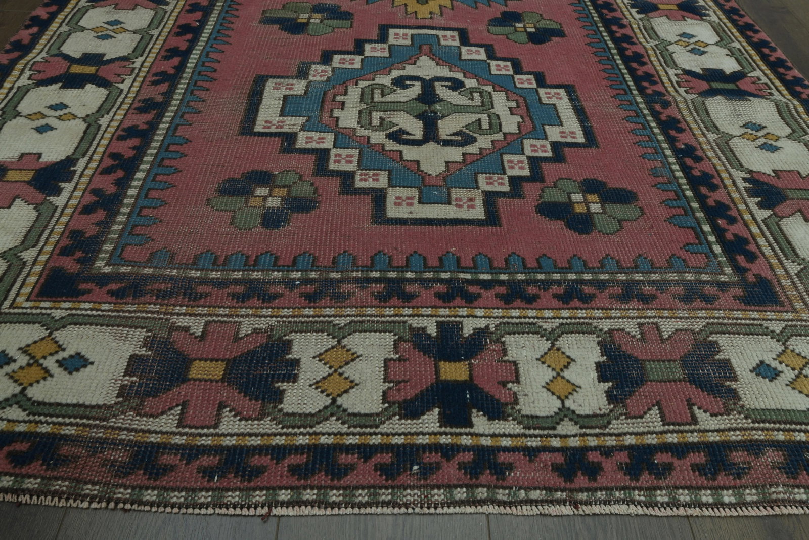1970s Vintage Turkish Handmade Wool & Cotton Pink Area Rug - 9