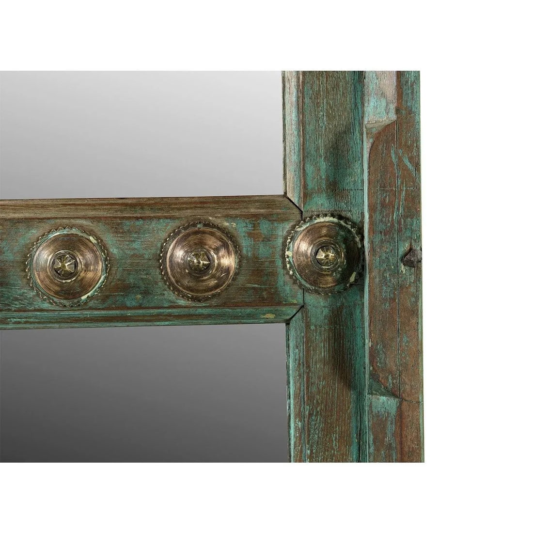 1930s Antique Door Panel With Brass Pins Accents and Mirror Wall Hanging - 4