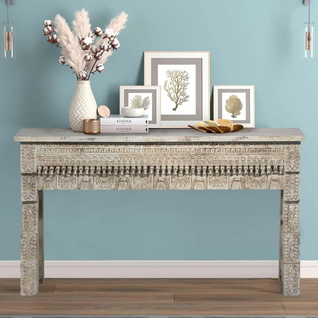 1990s Transitional Modern Hand Carved Solid Wood Console Table - 2