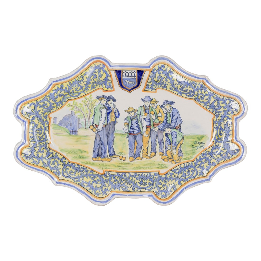 19th Century French Porquier Beau Quimper Faience Platter: A 19th Century French Porquier Beau Quimper faience decorative oblong oval platter, hand painted with men playing pètanque. D'apres Deyrolle. Wide light blue foliate border with Quimper crest.