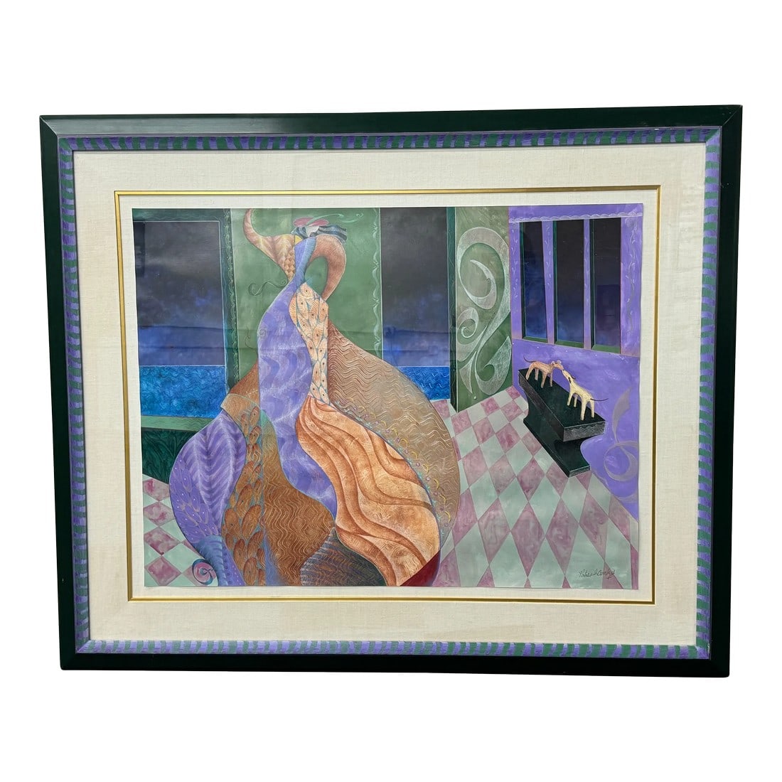 1990s "The Kiss by Patricia Bomberg" Original Watercolor Painting on Paper, Signed, Framed: Patricia Bomberg's "The Kiss" is a fun yet emotive watercolor on paper that captures the intimate moment of a kiss. With her exceptional talent in watercolor, Bomberg brings a sense of eclectic