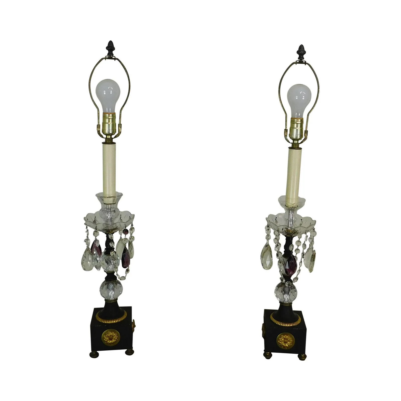 French Empire Table Lamps With Fabric Shades, Turned Stems With Faceted Crystal Balls - a Pair - 12