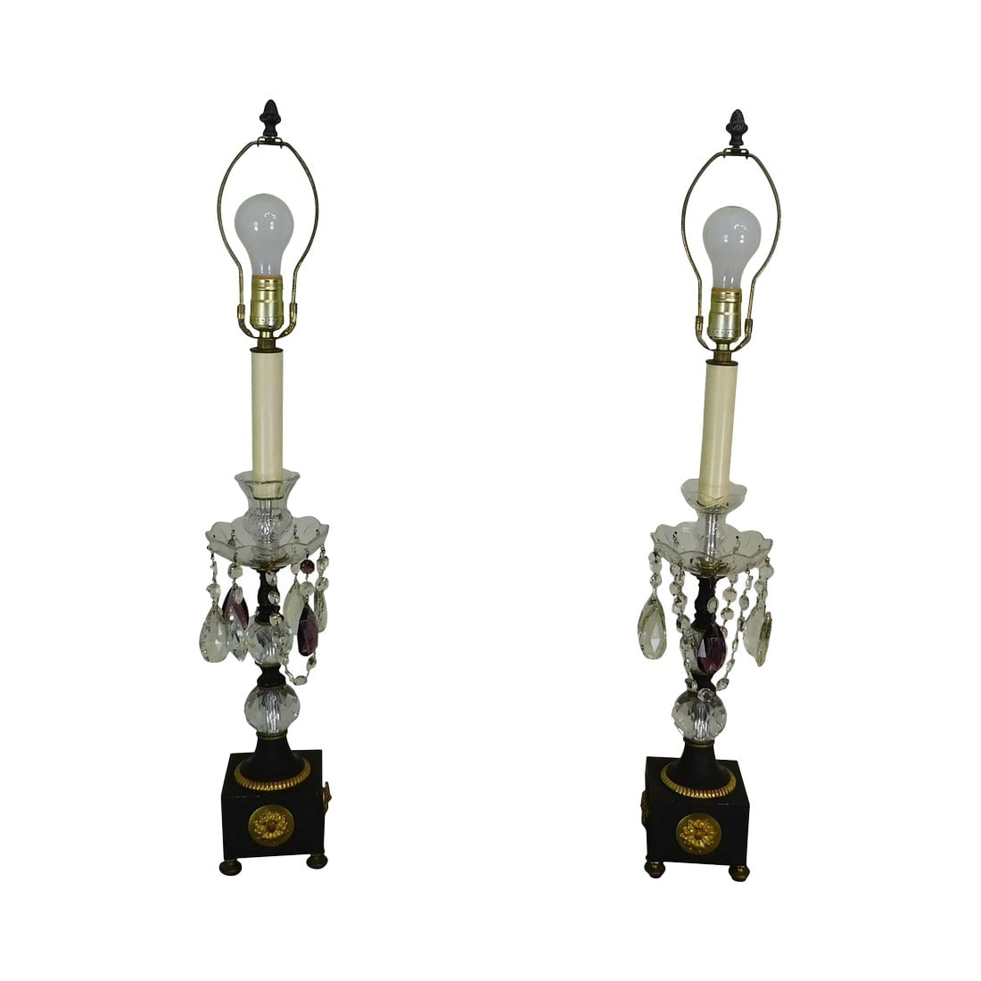 French Empire Table Lamps With Fabric Shades, Turned Stems With Faceted Crystal Balls - a Pair: High Quality Lamps with Crystal Bobeches and Faceted Clear and Amethyst Glass Prism Drops Black Finished Metal Base with Gilt Trim and Acanthus Medallions Condition: Alterations: Original Condition