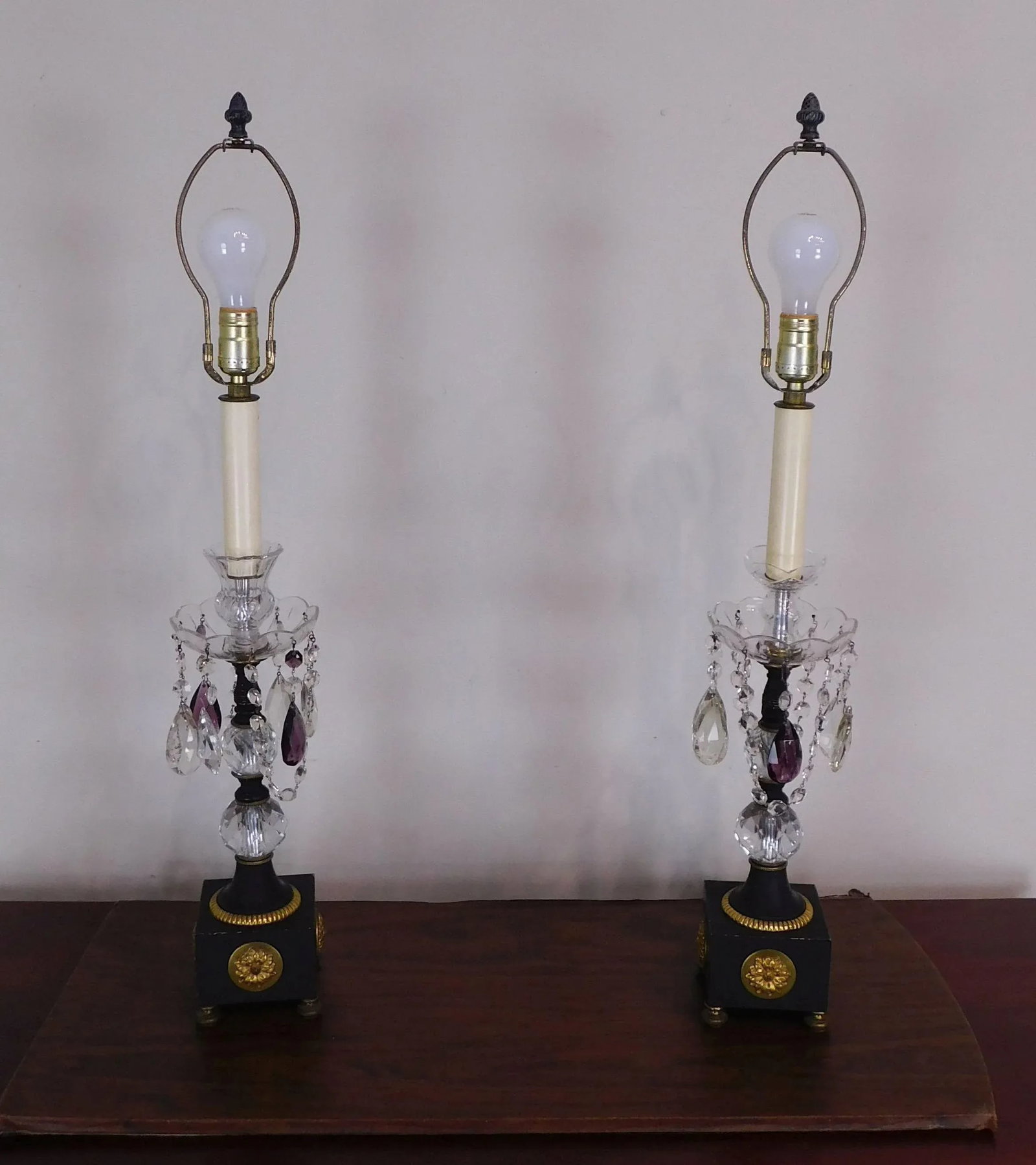 French Empire Table Lamps With Fabric Shades, Turned Stems With Faceted Crystal Balls - a Pair - 2