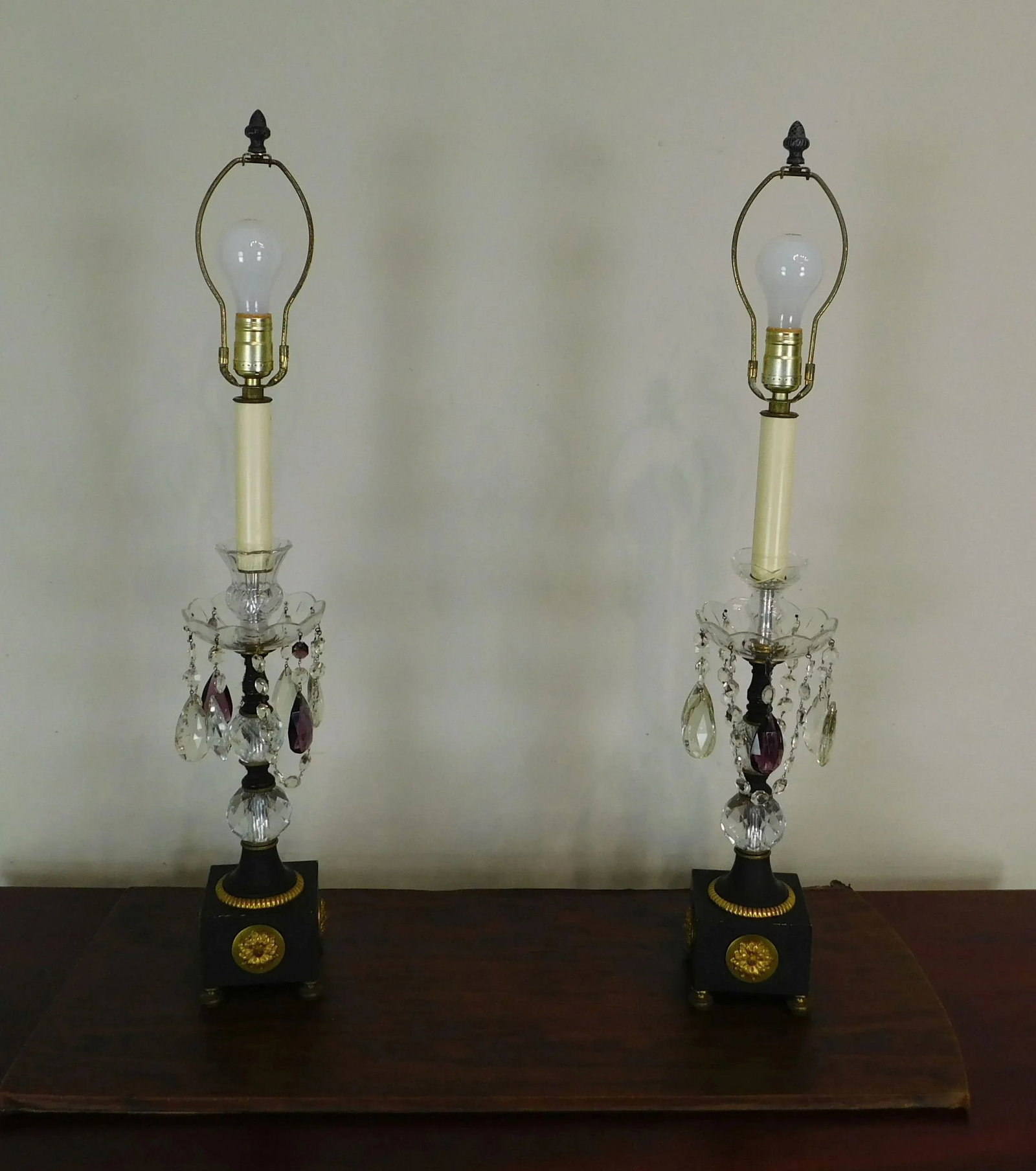 French Empire Table Lamps With Fabric Shades, Turned Stems With Faceted Crystal Balls - a Pair - 3