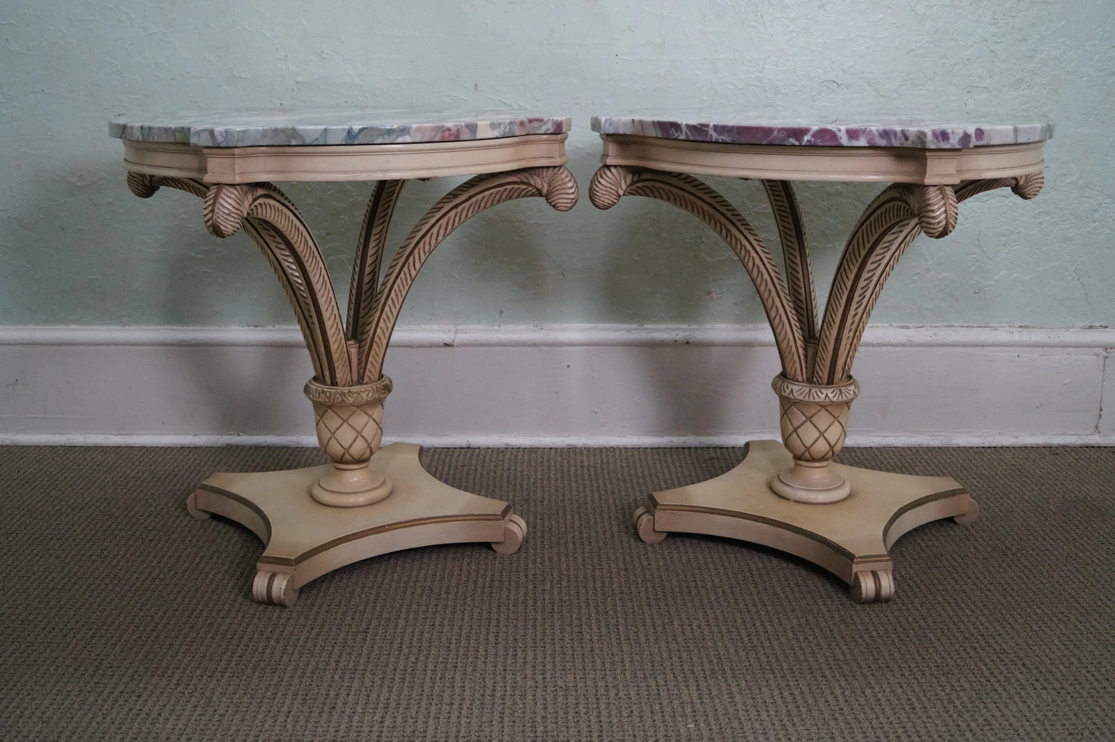 Grosfeld House Painted Wood Marble Top Side Tables - 3