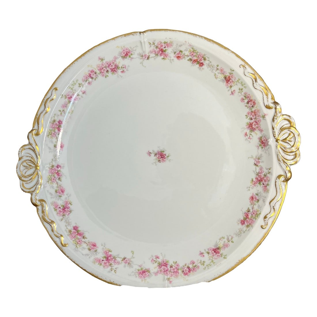 Antique Haviland Limoges Round Chop Plate: Large white porcelain serving platter with scrolled handle detail, pink florals, and gold trim. Measures approx 14"L. *Acquired from the formerly Packwood House Museum, Lewisburg, PA (1972-2021).