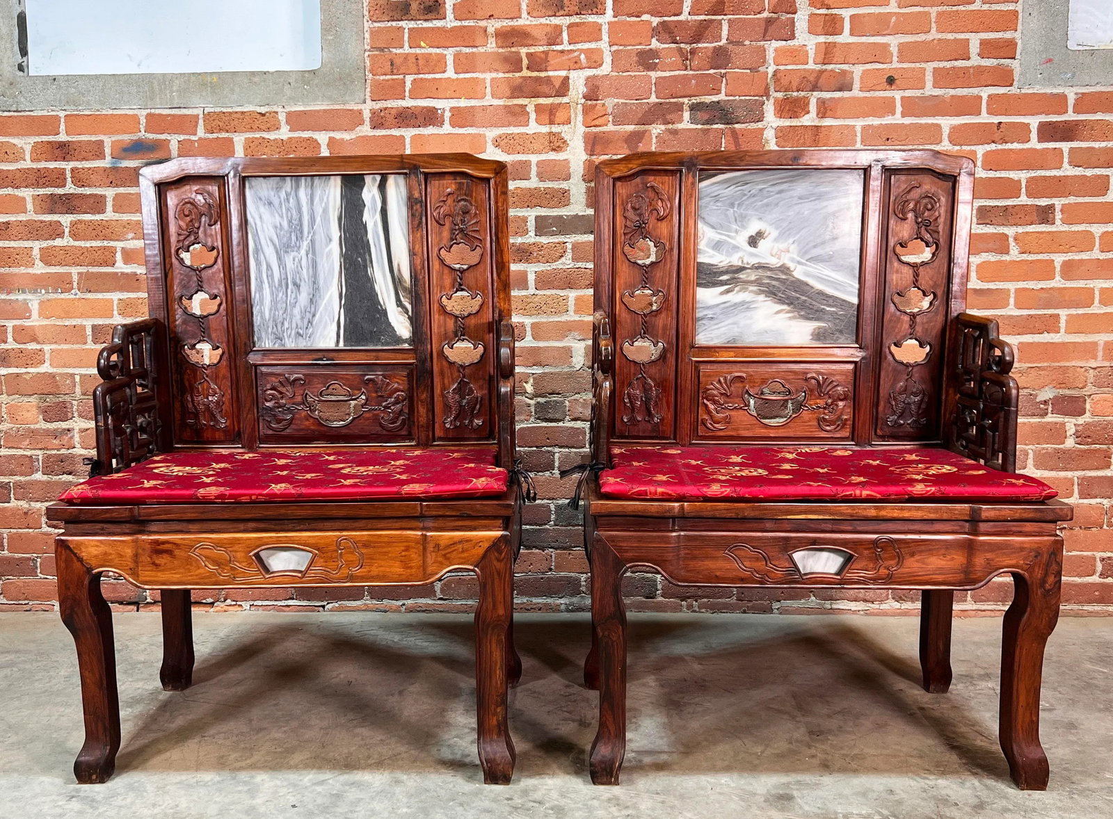 Vintage Carved Chinese Rosewood Arm Chairs With Inset Stone Backs - a Pair - 2