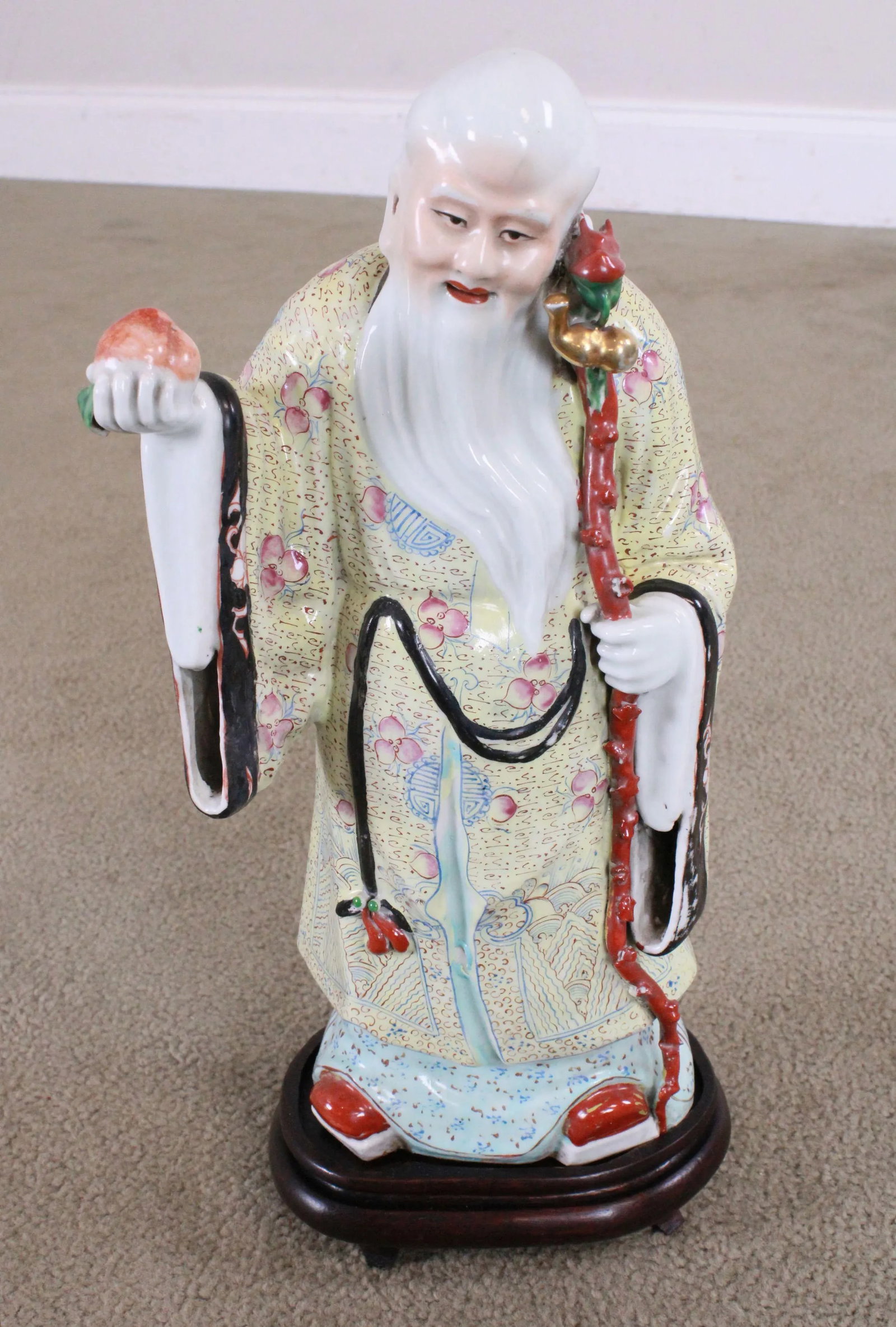 Porcelain Figure Shouxing Chinese God of Longevity Wood Base - 2