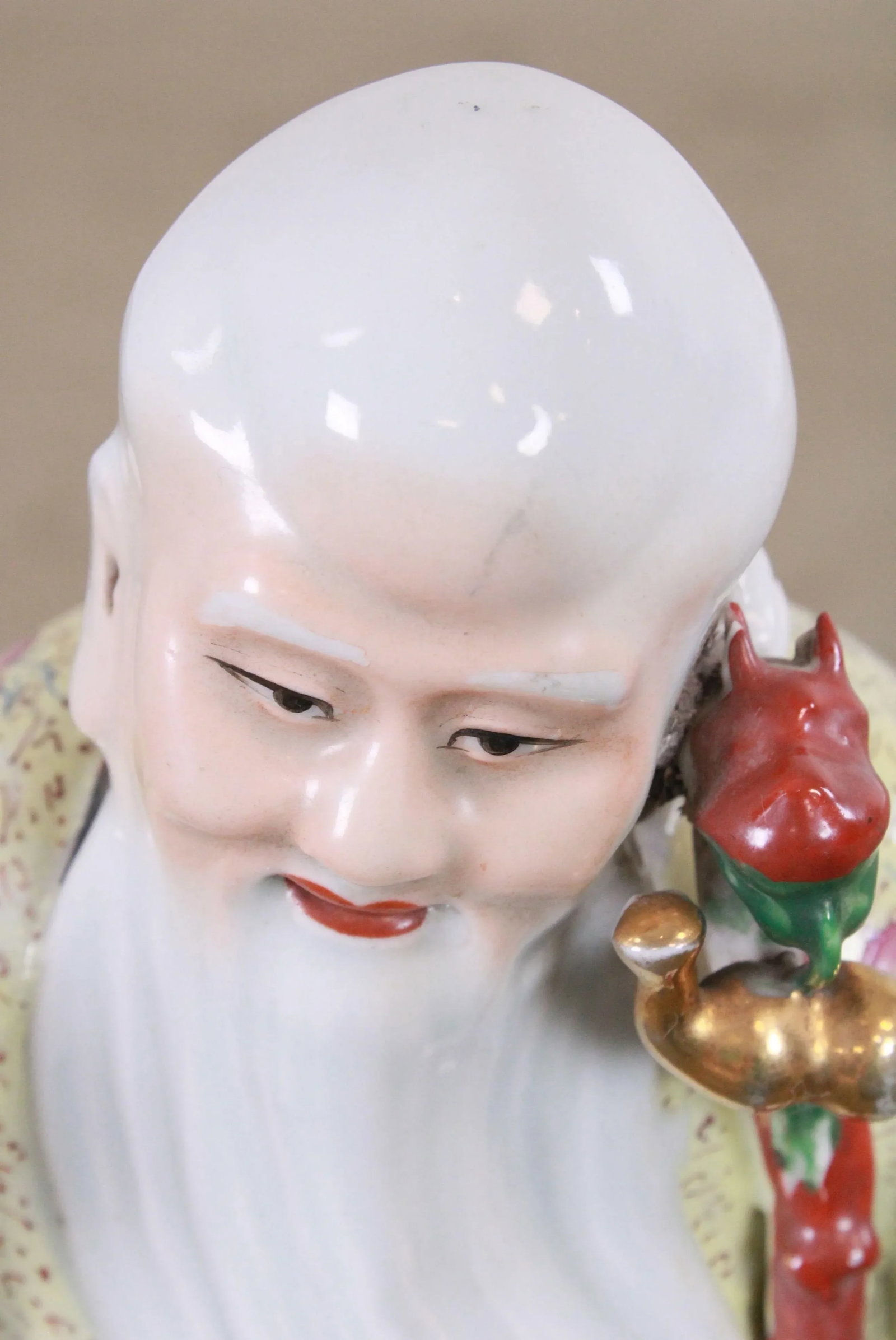 Porcelain Figure Shouxing Chinese God of Longevity Wood Base - 5