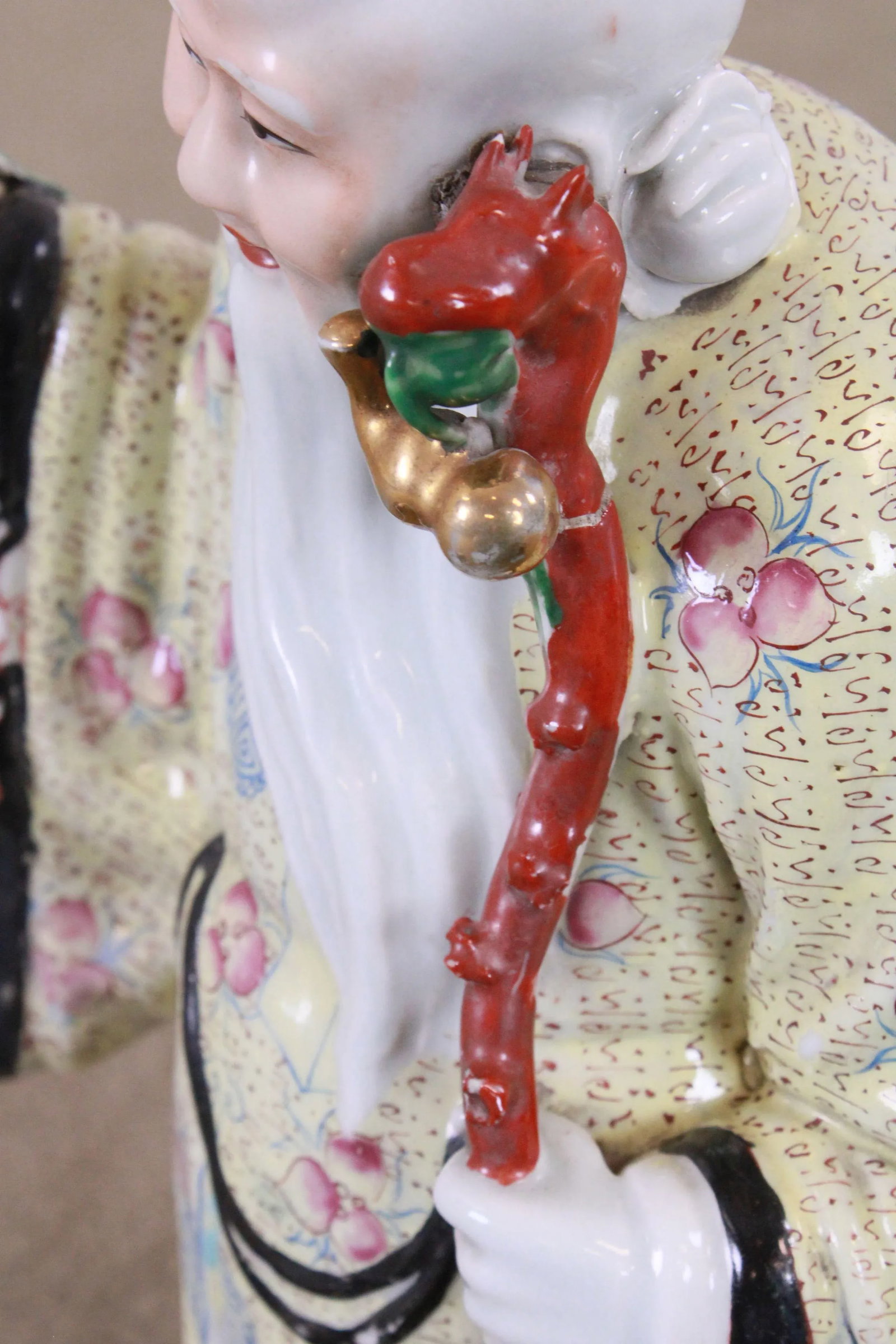 Porcelain Figure Shouxing Chinese God of Longevity Wood Base - 7