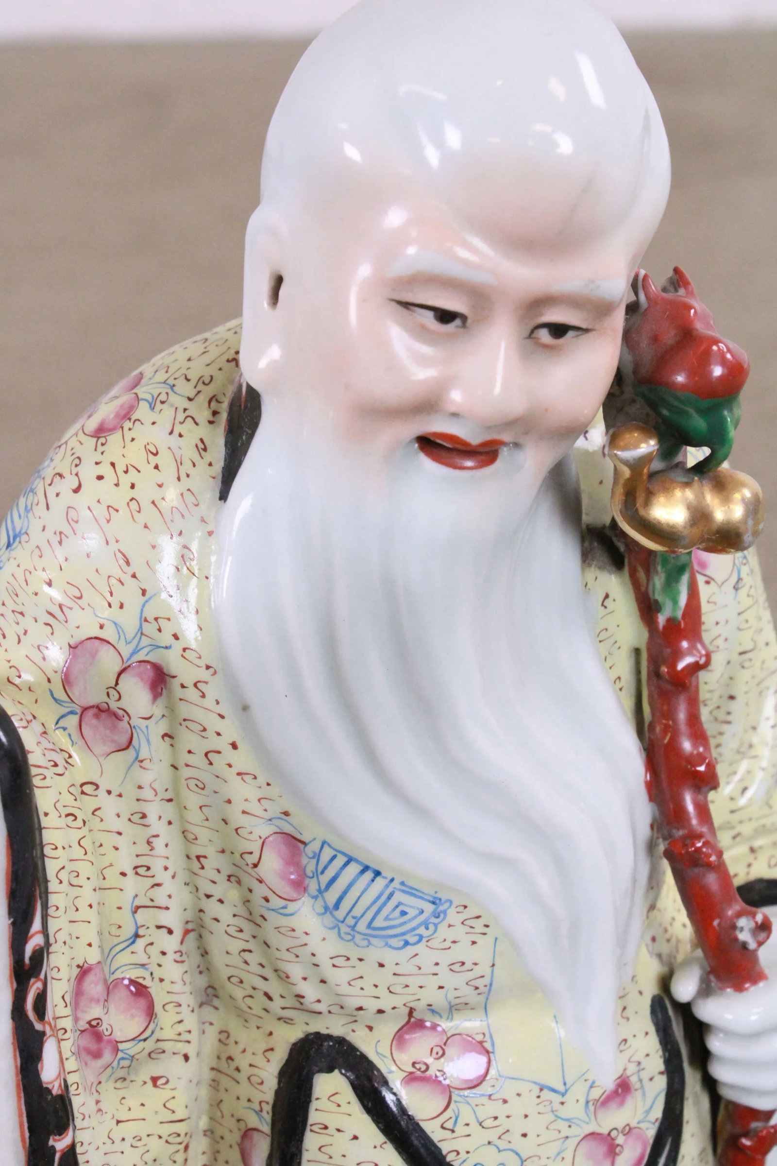 Porcelain Figure Shouxing Chinese God of Longevity Wood Base - 8