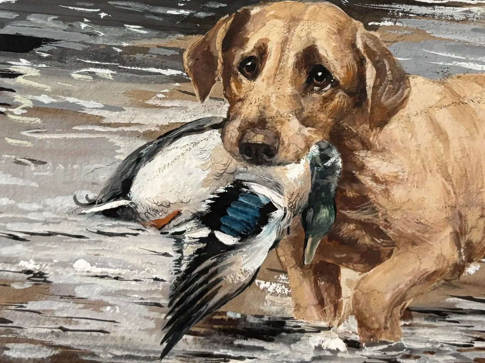 1960s Mid Century Sporting Interest American Gouache Painting of Hunting Dog Carrying a Duck - 4