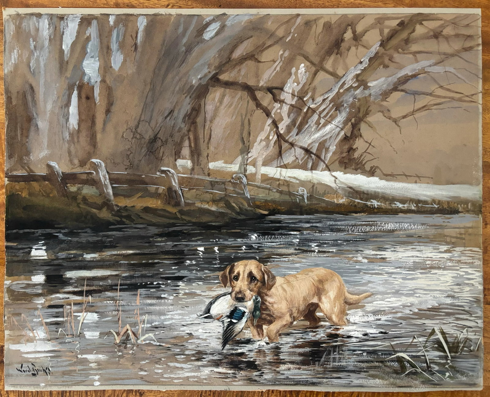 1960s Mid Century Sporting Interest American Gouache Painting of Hunting Dog Carrying a Duck - 5