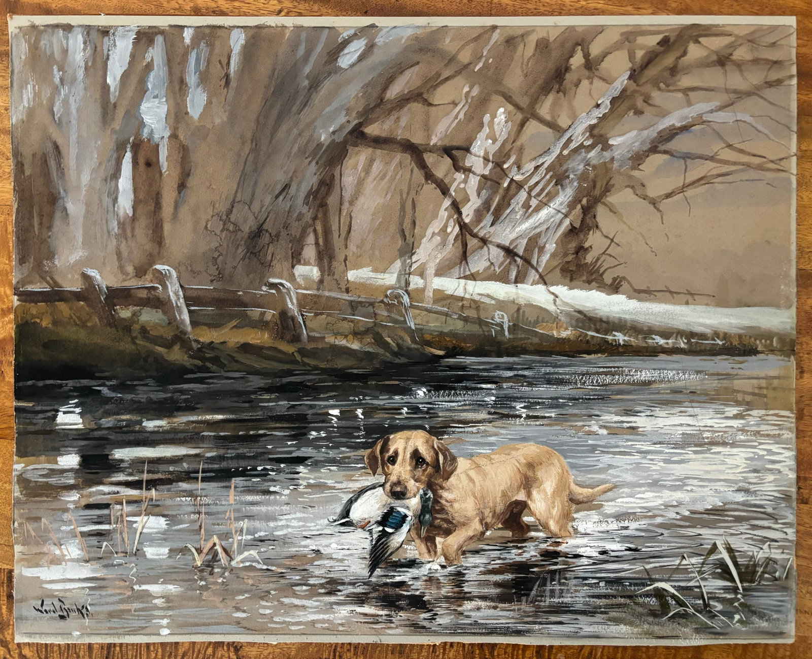 1960s Mid Century Sporting Interest American Gouache Painting of Hunting Dog Carrying a Duck - 8