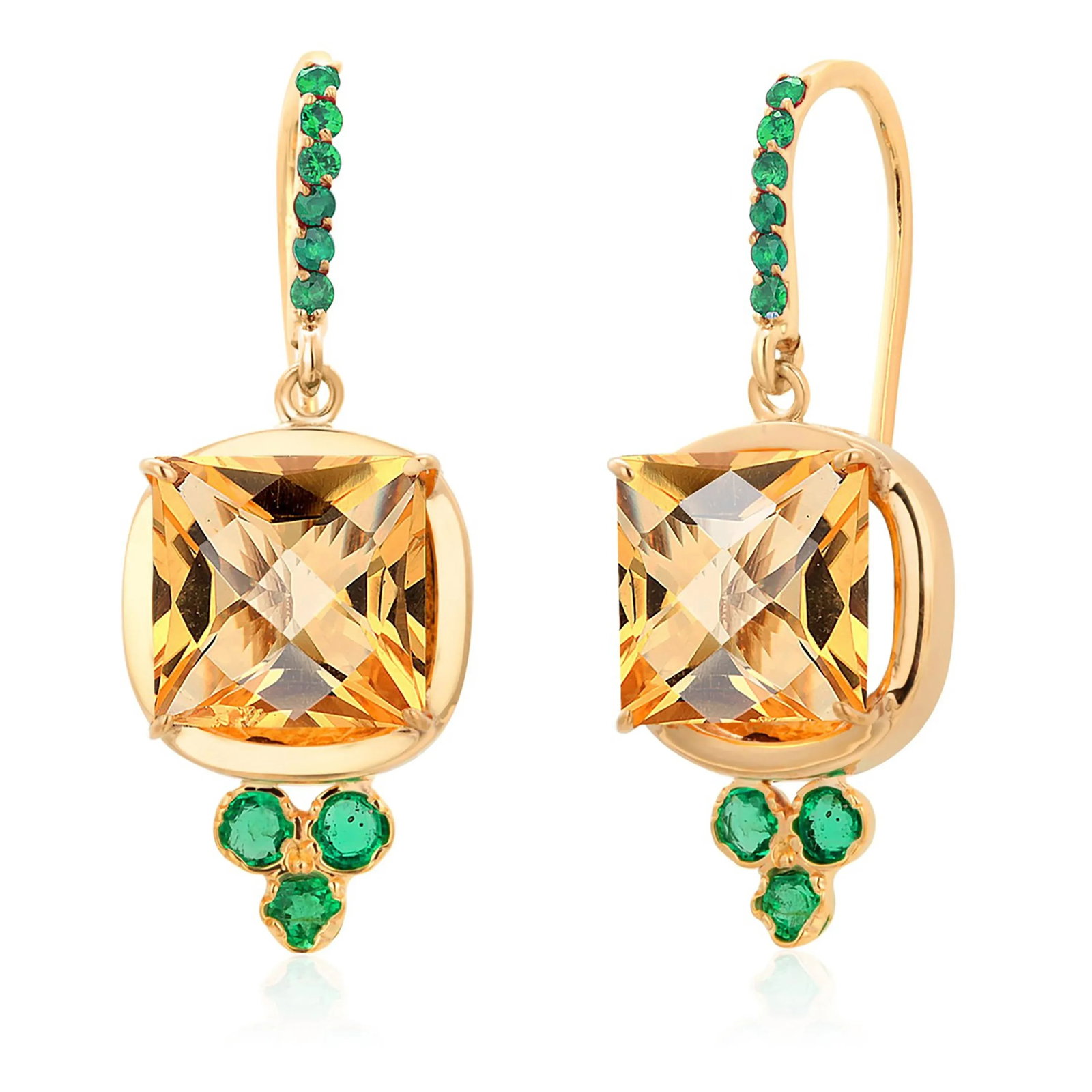 14 Karat Yellow Gold Shepherd Hoop Earrings With Yellow Topaz and Emeralds - 2 Pieces - 7