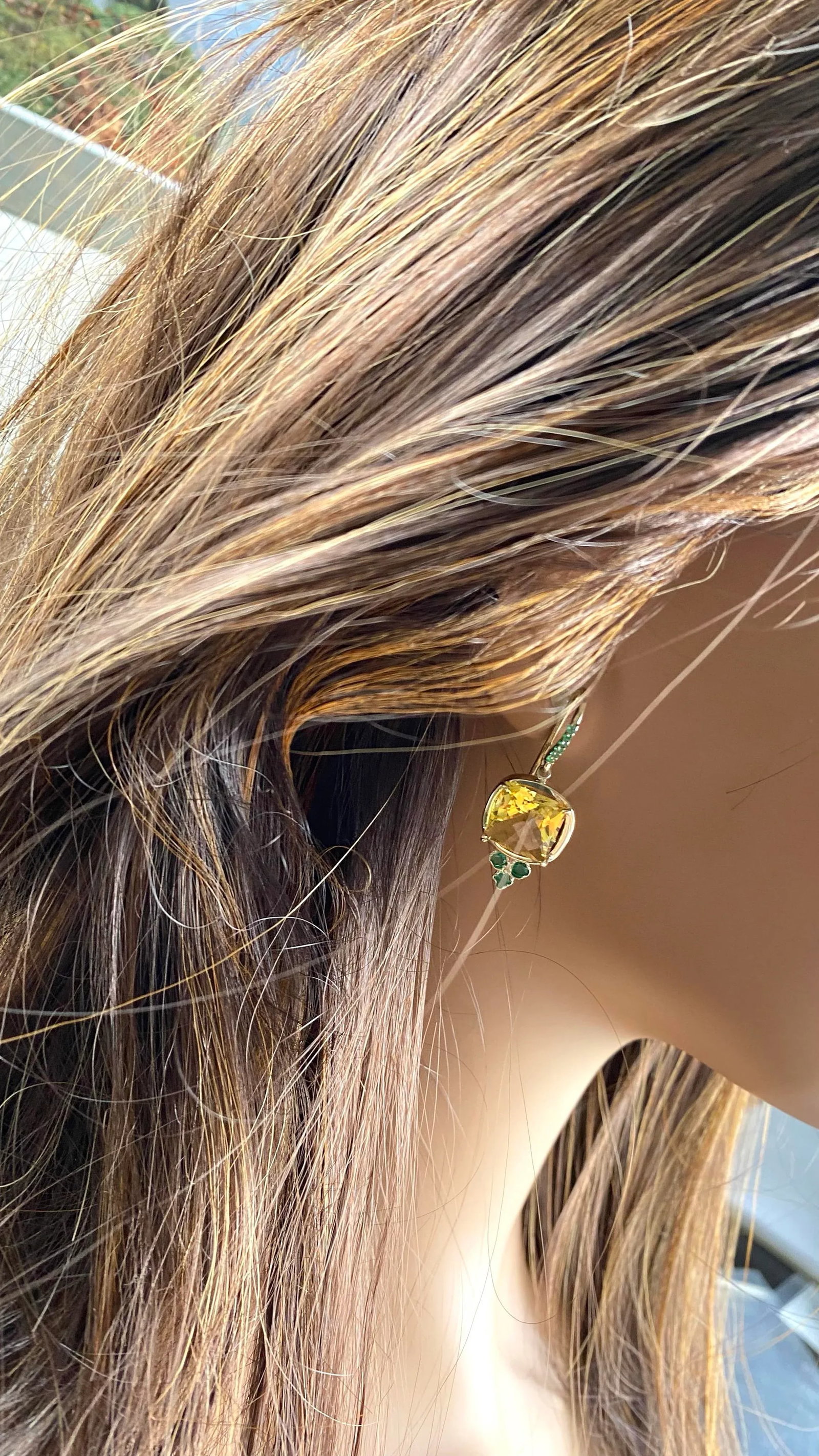 14 Karat Yellow Gold Shepherd Hoop Earrings With Yellow Topaz and Emeralds - 2 Pieces - 8