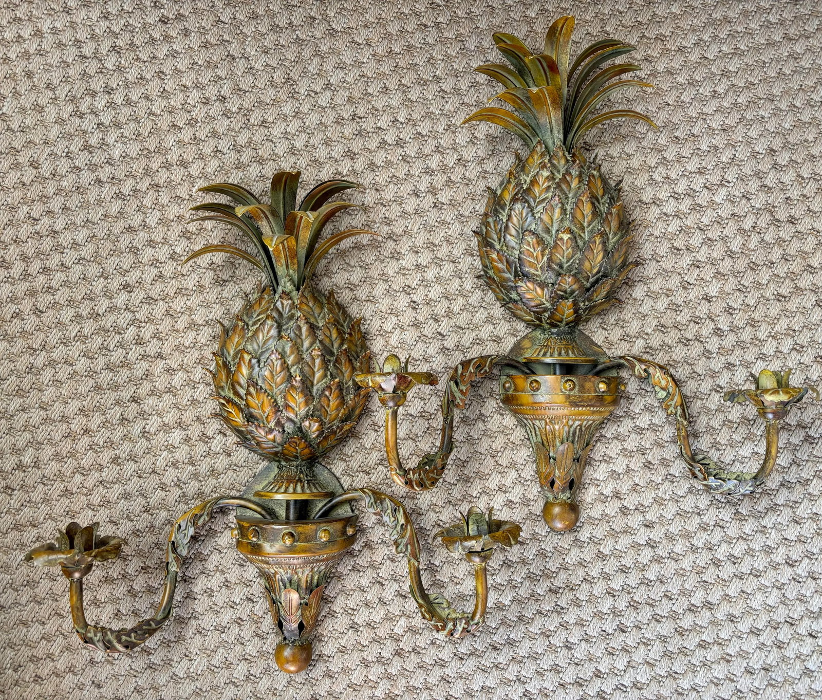 Vintage Palm Beach Tole Pineapple Candle Wall Sconces, Verdigris Brass Patina - a Pair - 2