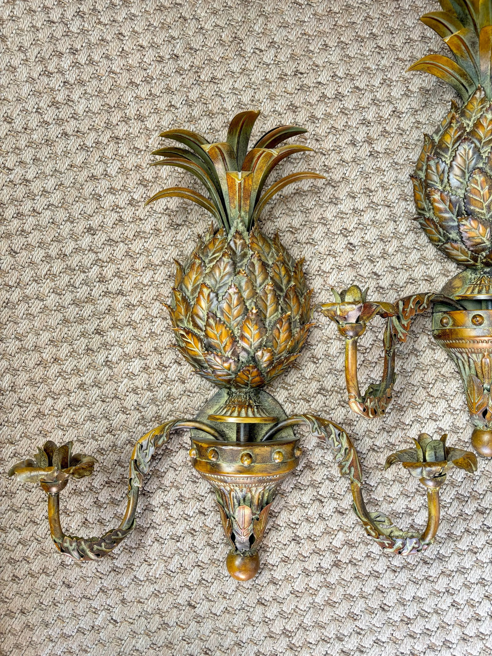Vintage Palm Beach Tole Pineapple Candle Wall Sconces, Verdigris Brass Patina - a Pair - 3