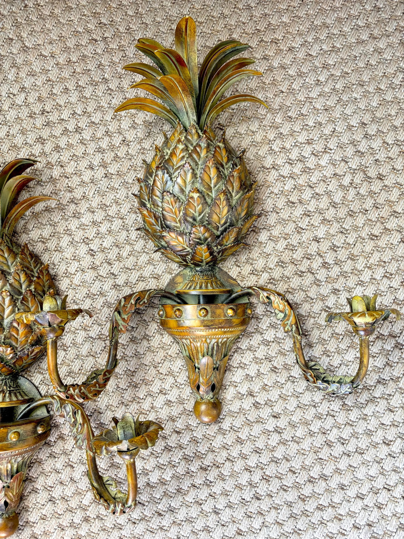 Vintage Palm Beach Tole Pineapple Candle Wall Sconces, Verdigris Brass Patina - a Pair - 4