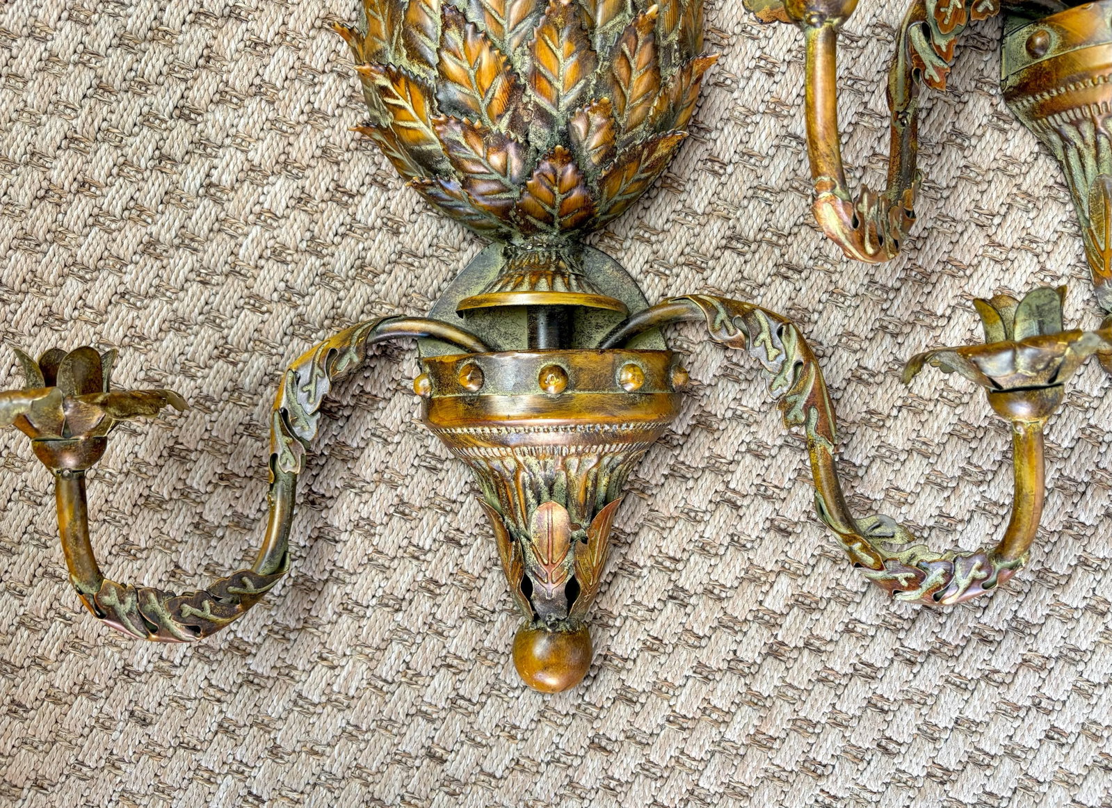 Vintage Palm Beach Tole Pineapple Candle Wall Sconces, Verdigris Brass Patina - a Pair - 5