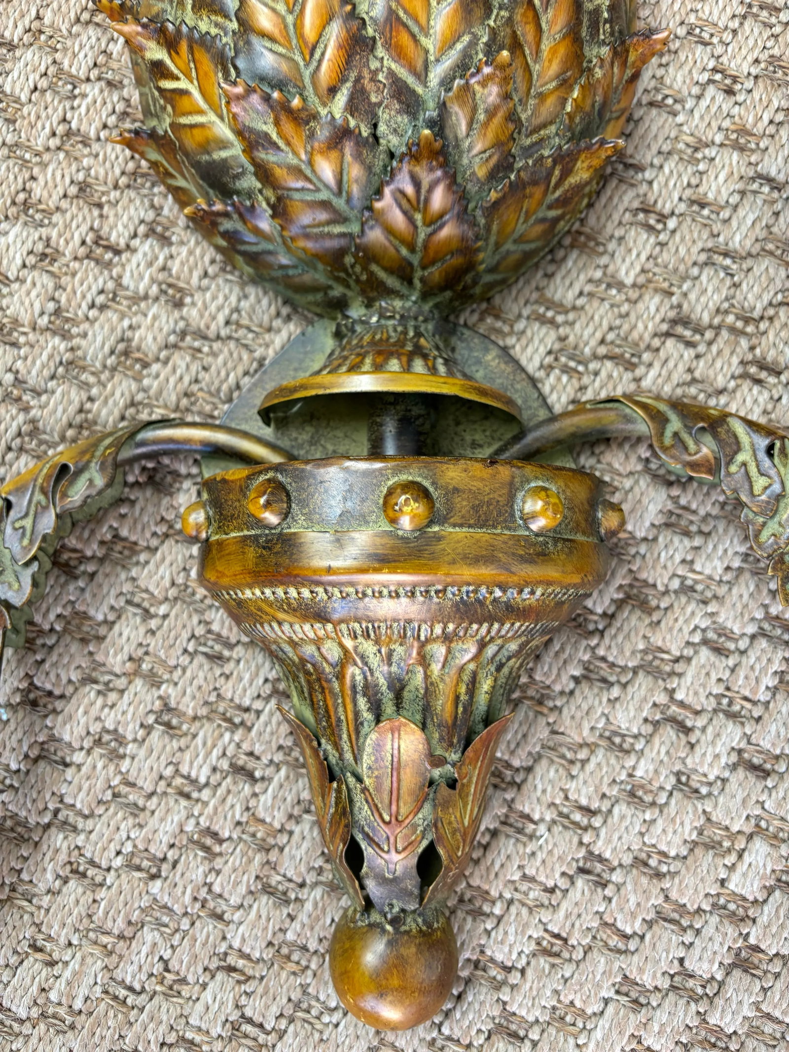 Vintage Palm Beach Tole Pineapple Candle Wall Sconces, Verdigris Brass Patina - a Pair - 6