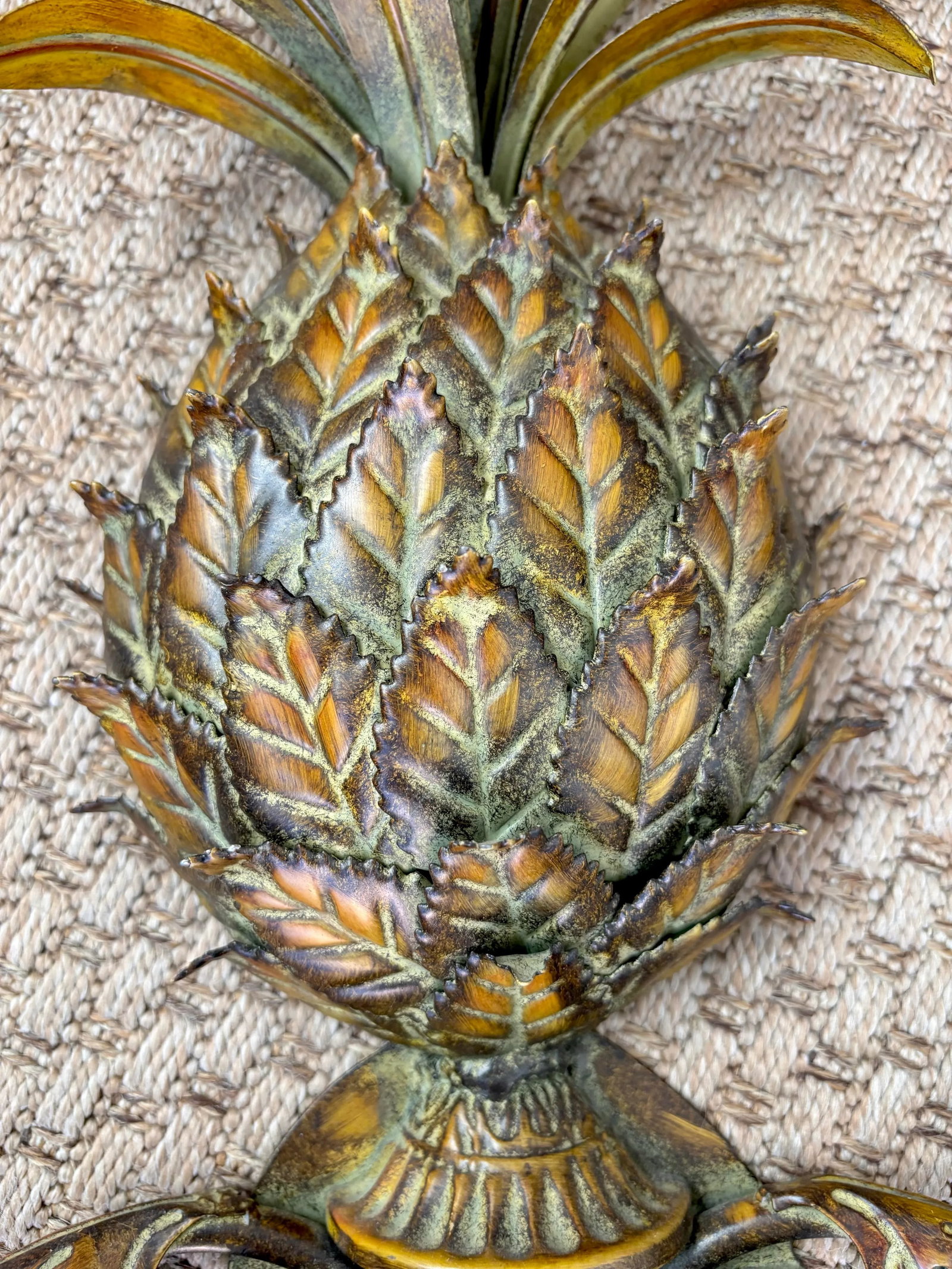 Vintage Palm Beach Tole Pineapple Candle Wall Sconces, Verdigris Brass Patina - a Pair - 7
