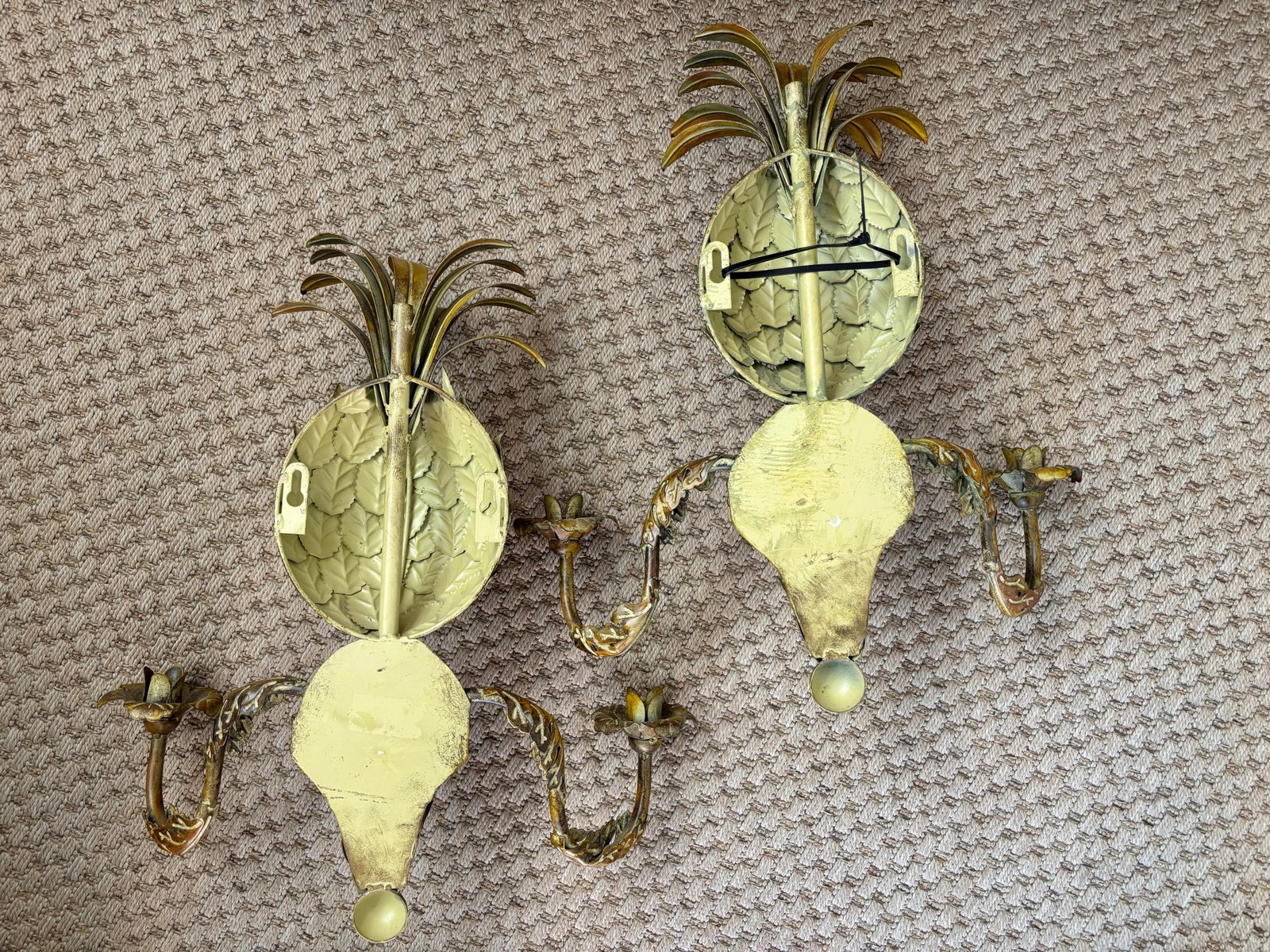 Vintage Palm Beach Tole Pineapple Candle Wall Sconces, Verdigris Brass Patina - a Pair - 8