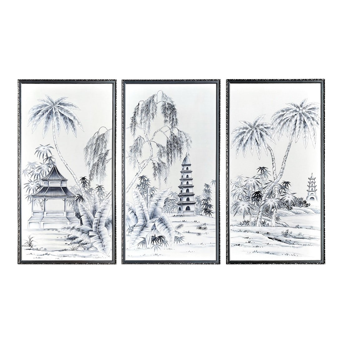Blue & White "Pagoda Garden" Paintings on Silk, a Triptych, Set of 3: Hand-painted on pearl white silk, this triptych (Set/3) of traditional Chinoiserie panels feature pagodas nestled in a lush garden of willows and palms rendered entirely in blue and white. Framed in