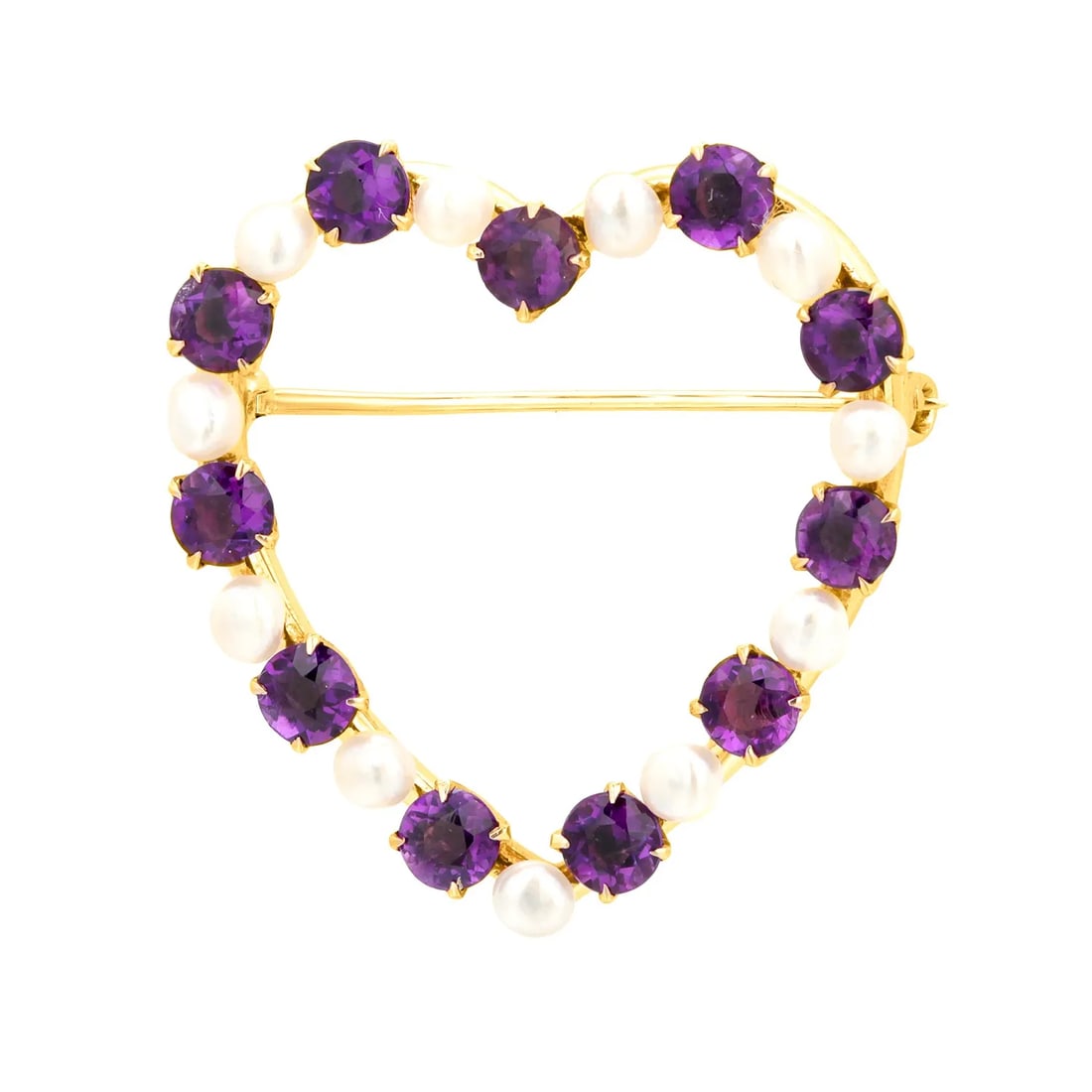 1970s 14k Yellow Gold Heart Shaped Pin With Semi Baroque Pearls and Amethysts - 7