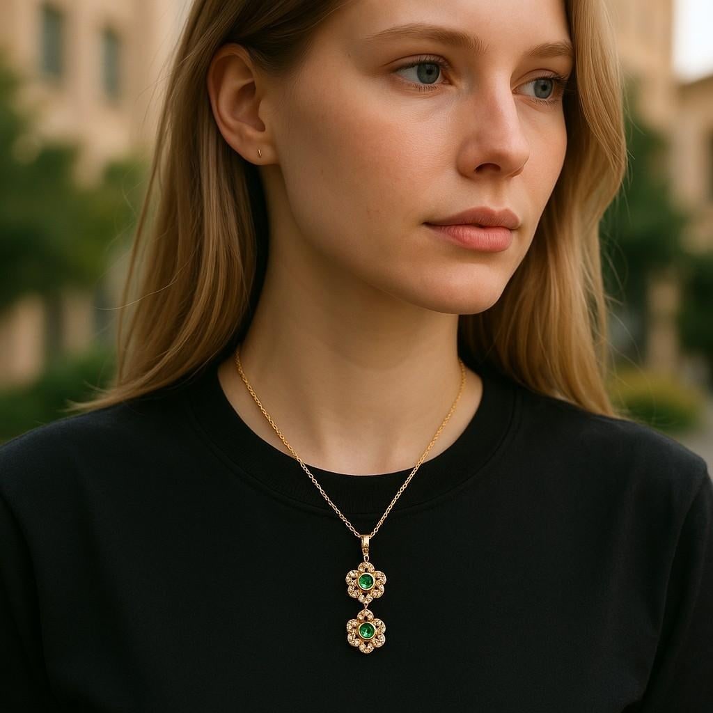 14 Karat Yellow White Gold Floral Pendant Necklace With Emeralds and Diamonds - 2