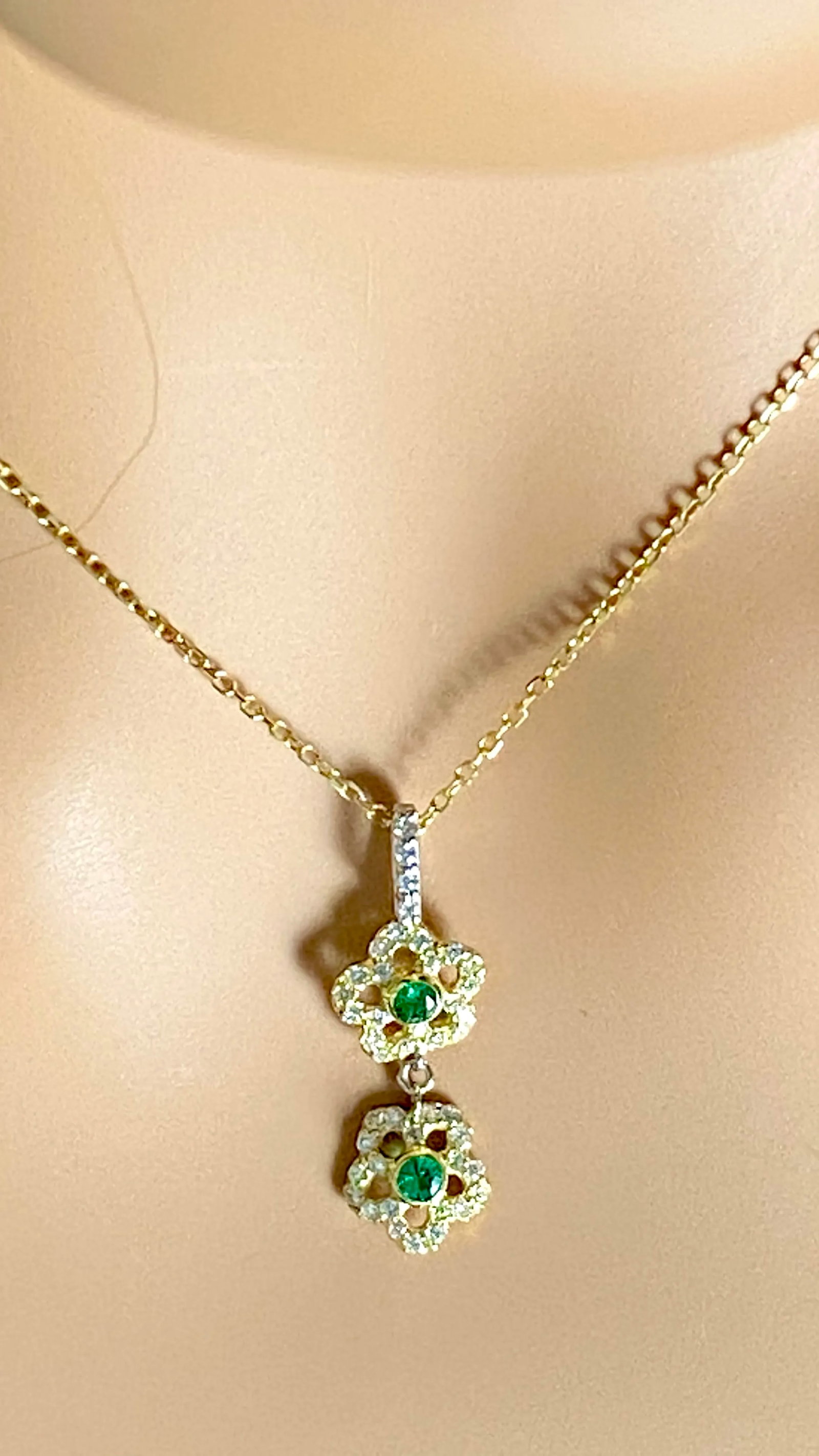 14 Karat Yellow White Gold Floral Pendant Necklace With Emeralds and Diamonds - 3