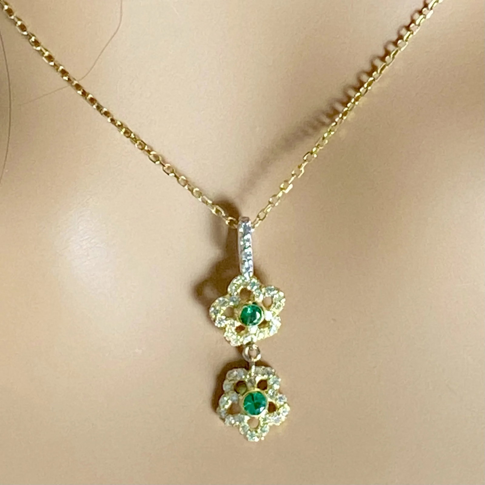 14 Karat Yellow White Gold Floral Pendant Necklace With Emeralds and Diamonds - 4
