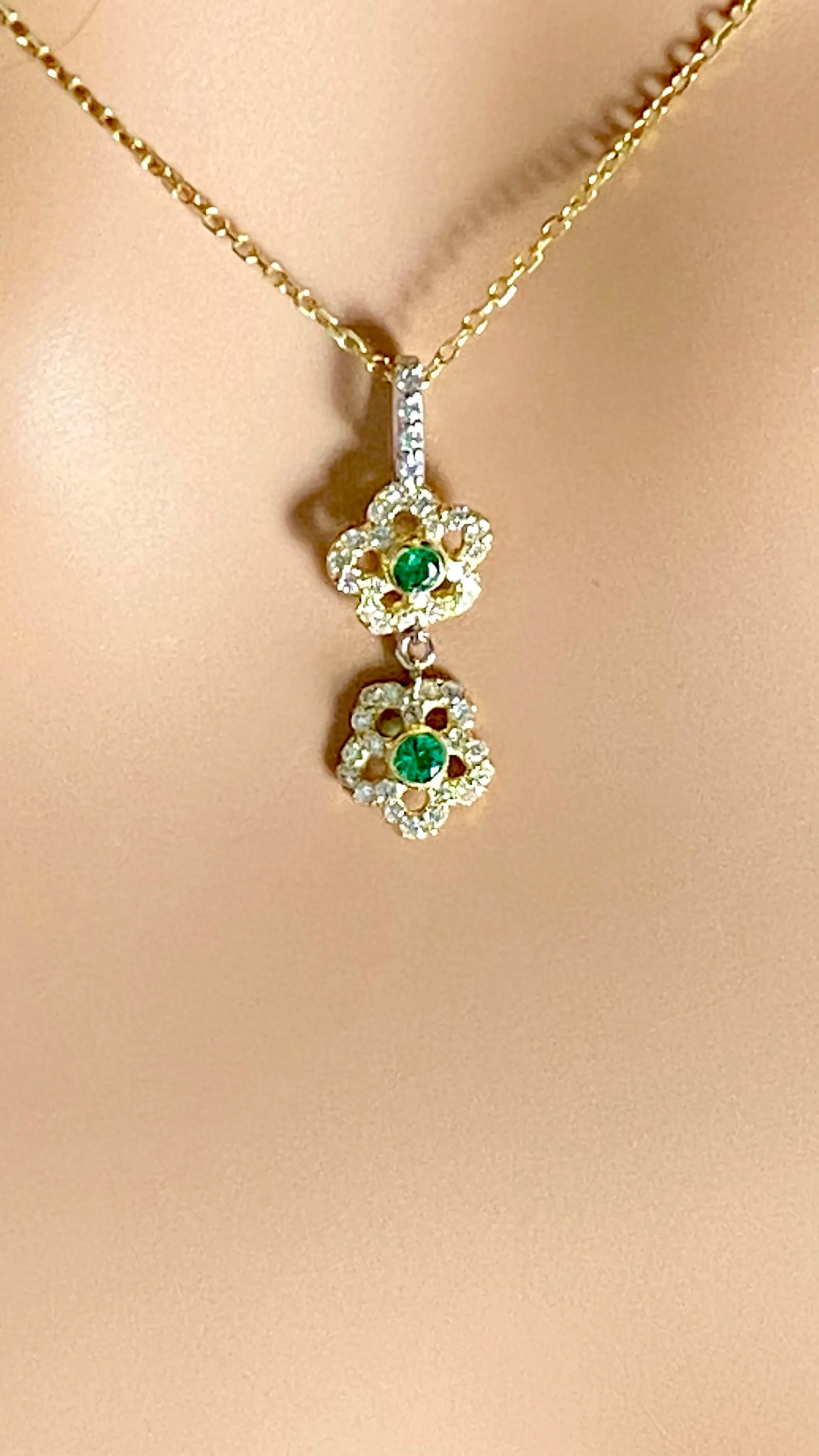 14 Karat Yellow White Gold Floral Pendant Necklace With Emeralds and Diamonds - 5